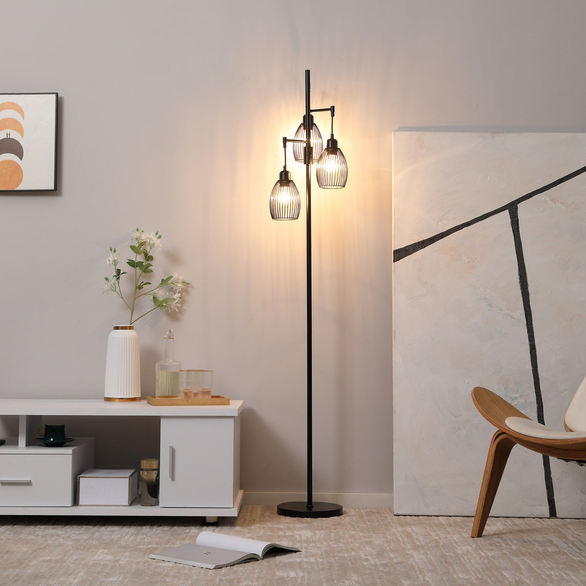 HOMCOM 170cm Industrial 3-Light Floor Lamp, Dimmable Standing Lamp with Steel Lampshades for Living Room, Bedroom, Dinging Room, Study, Black