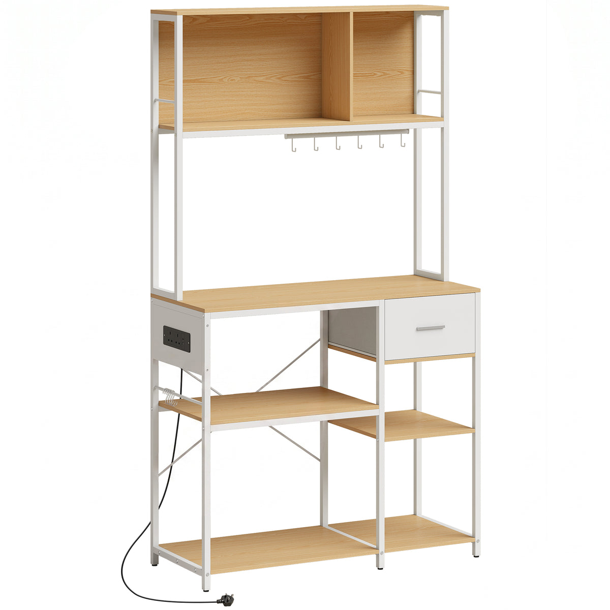 HOMCOM Kitchen Storage Rack with Power Outlet, USB and Type-C Ports, Drawer, Shelves and 4 Hooks, Oak and White