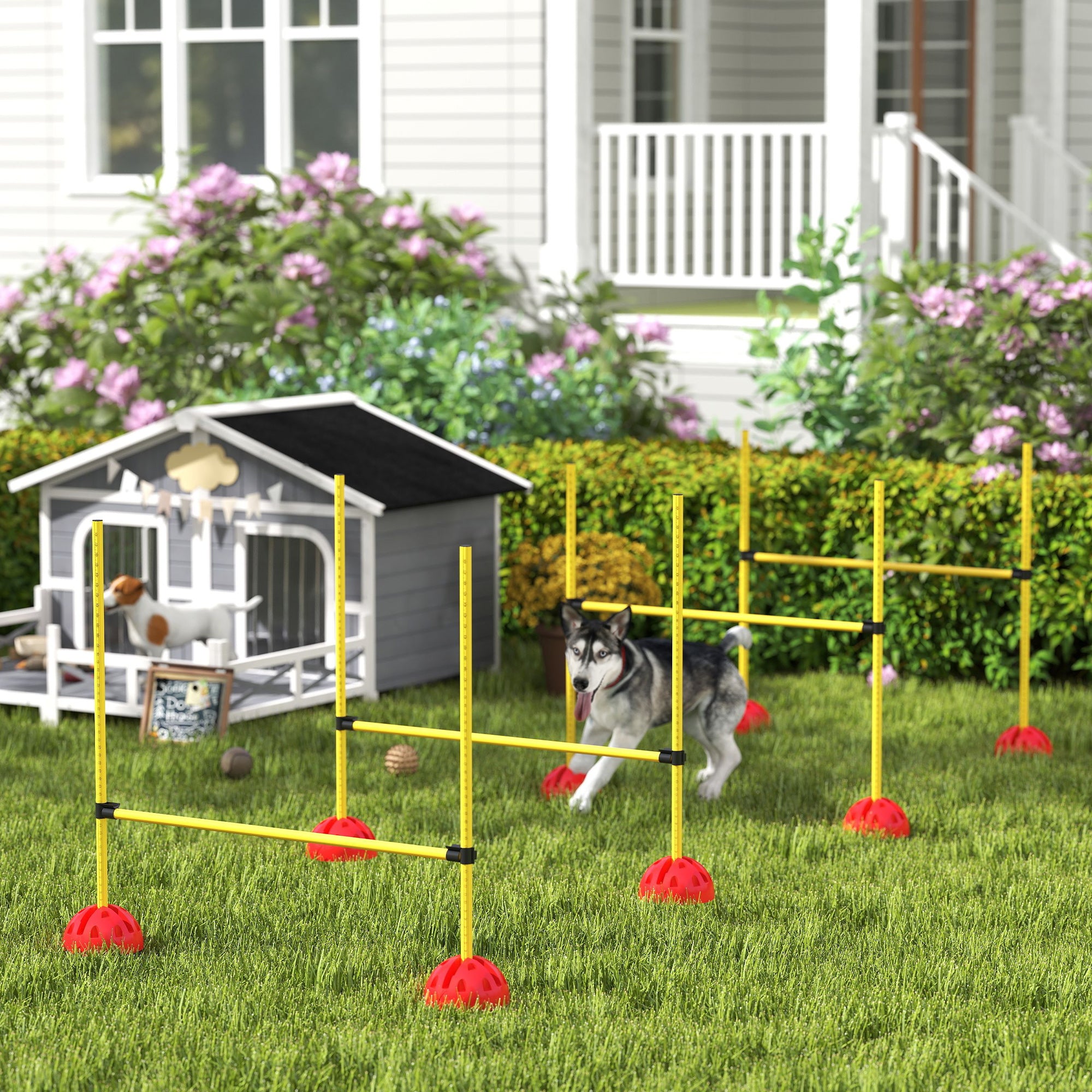 PawHut 4 Piece Dog Agility Equipment with 4 Hurdle & Carry Bag for Jump Training, Yellow - North Peak Garden Furniture