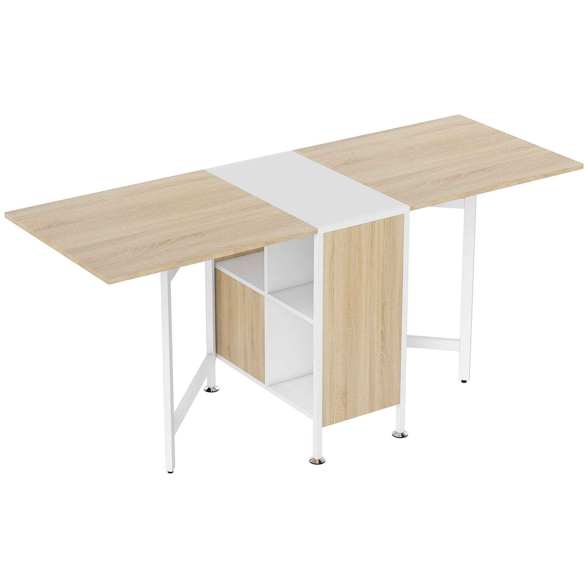 HOMCOM Foldable Drop Leaf Dining Table Folding Workstation for Small Space with Storage Shelves Cubes Oak & White