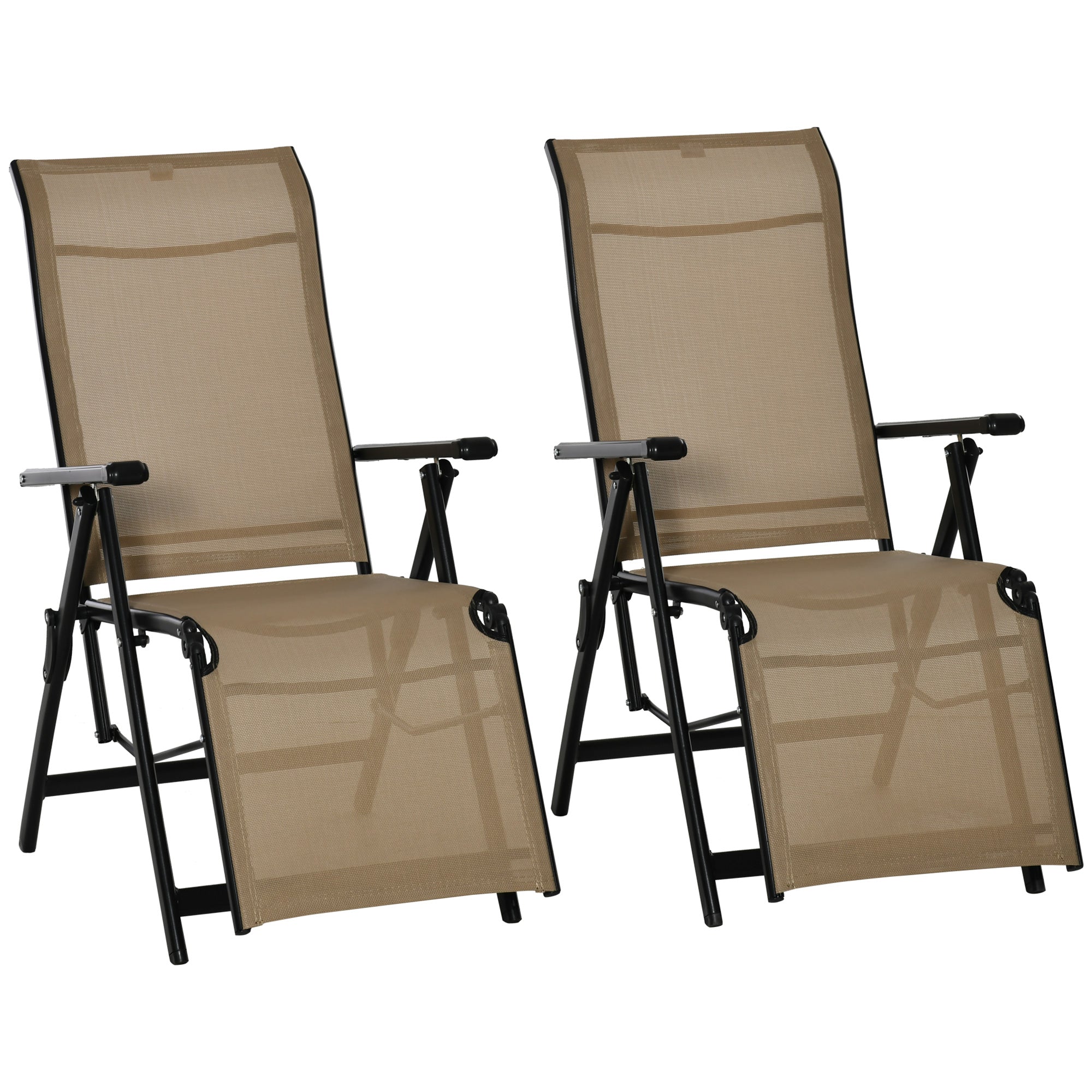 Outdoor Set of 2 Outdoor Sun Lounger 10-Position Adjustable Texteline Folding Reclining Chairs with Footrest for Patio Garden, Beige - North Peak Garden Furniture