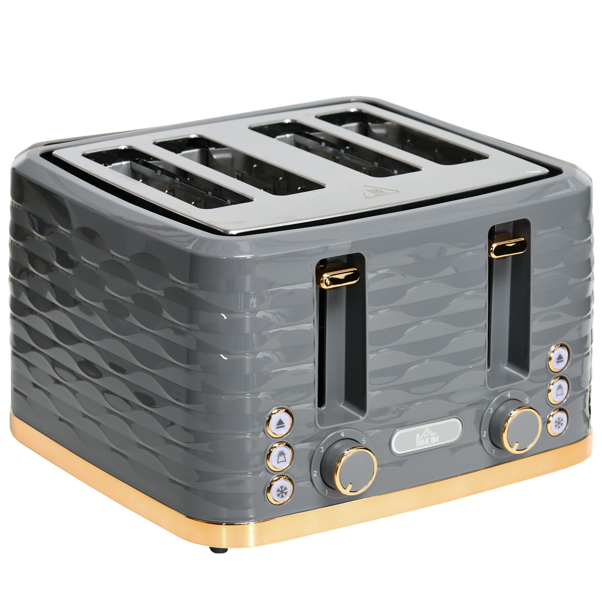 HOMCOM 4 Slice Toaster with 7 Browning Levels, High Lift, Reheat/Defrost/Cancel, Self-centring Function, Removable Crumb Tray, Auto Off, 1600W, Grey Water Ripple Texture