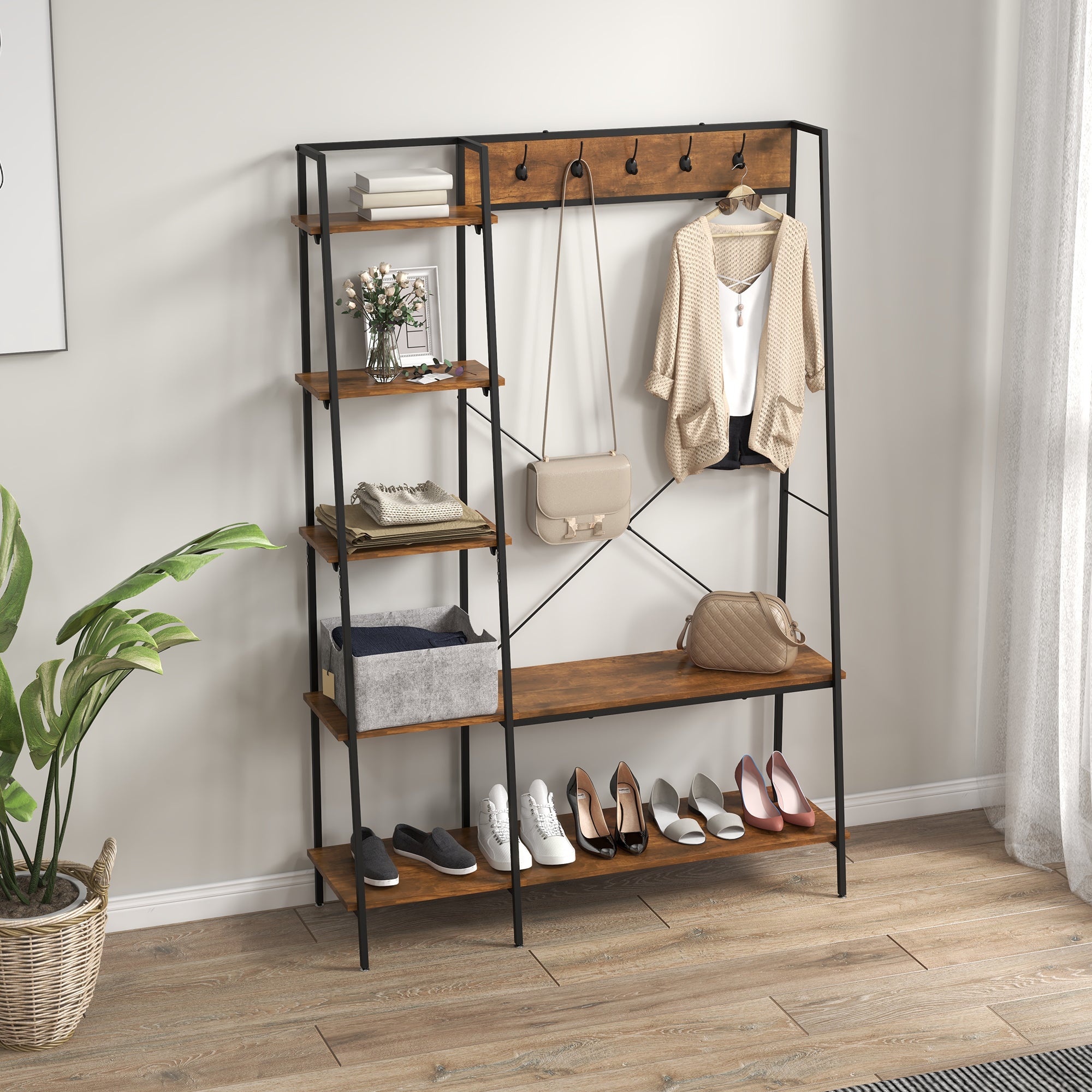 HOMCOM Clothes Rail, Metal Clothes Rack with Shoe Rack, 5 Tier Storage Shelves, 5 Side Hooks, Coat Stand for Bedroom, Living Room, Hallway, Rustic Brown and Black - North Peak Garden Furniture