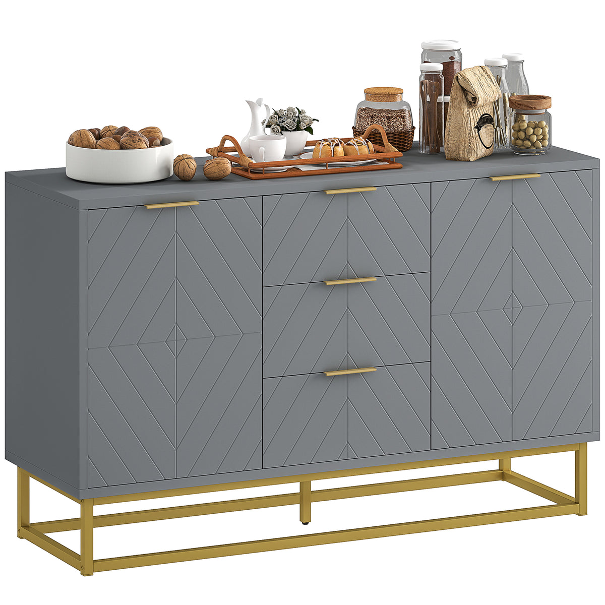 HOMCOM Sideboard with 3 Drawers and Adjustable Shelves for Living Room - Grey