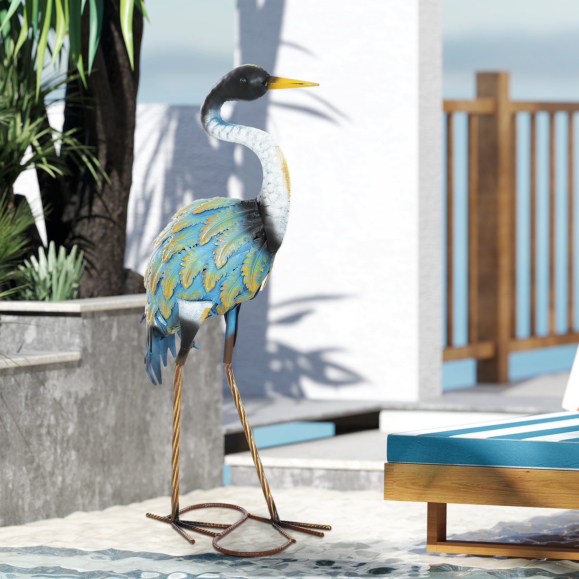 Outsunny Heron Garden Statue, Standing Garden Ornament, Metal Garden Gift with Stakes, 28 x 17 x 63 cm, Multi-Colour