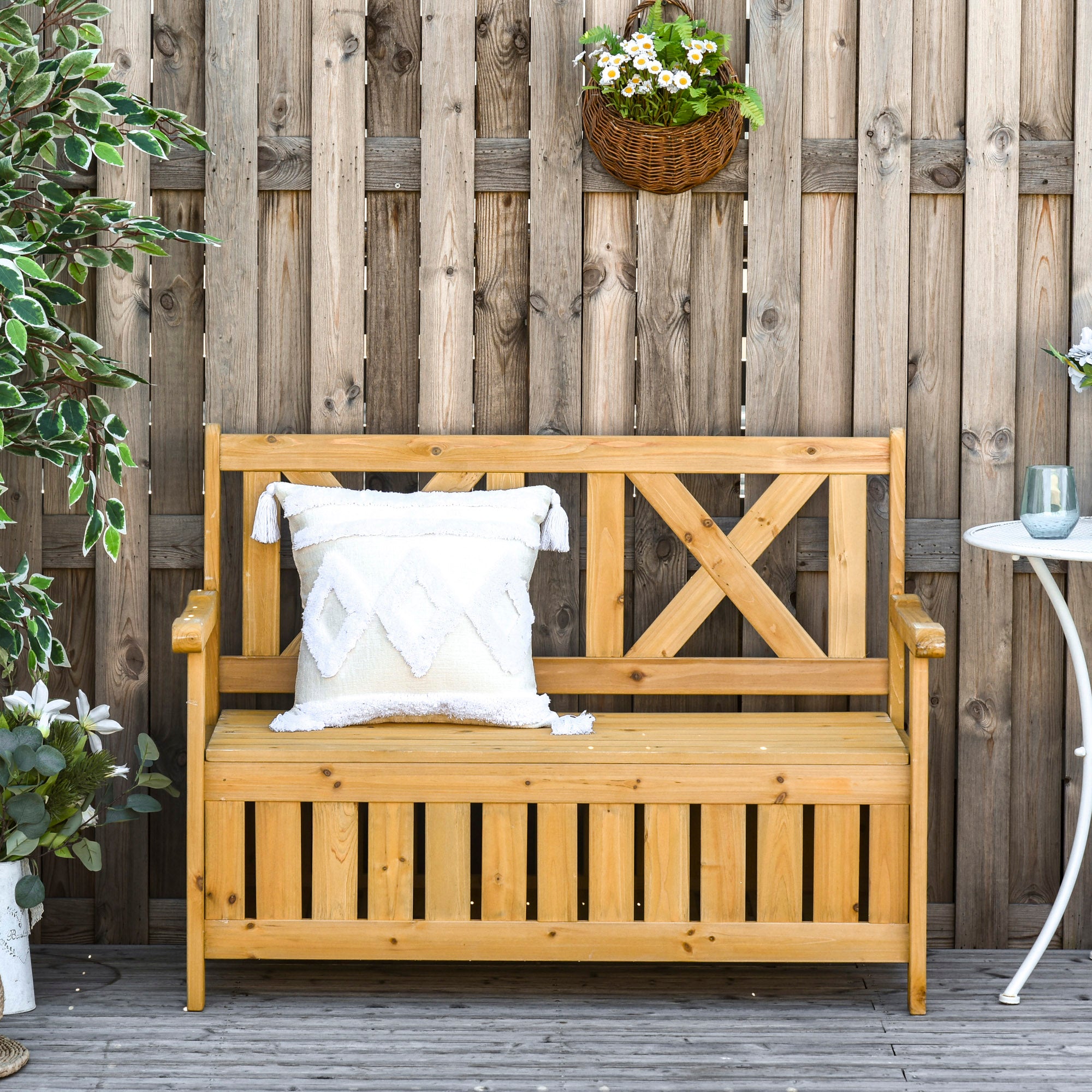 Outsunny 2-Seater Garden Storage Bench for Patio Wood Porch Decor Outdoor Seating - North Peak Garden Furniture
