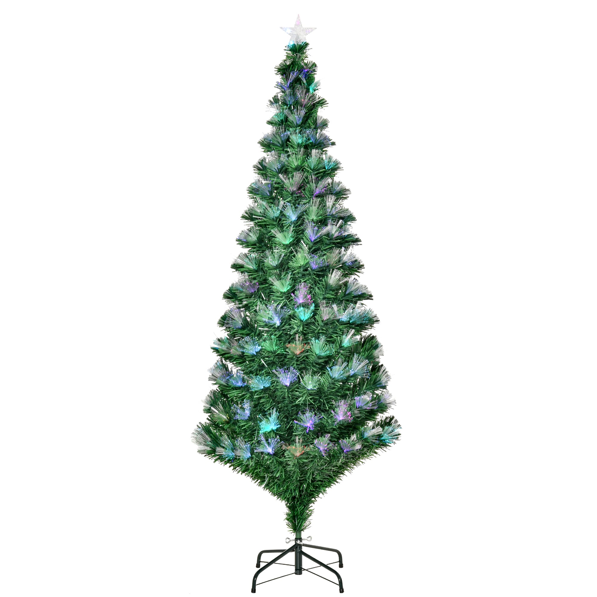 HOMCOM 6FT Multicoloured Artificial Christmas Tree w/ Fibre Optic Lights Pre-Lit Modes Metal Stand Star Holder Home Seasonal Decoration - North Peak Garden Furniture