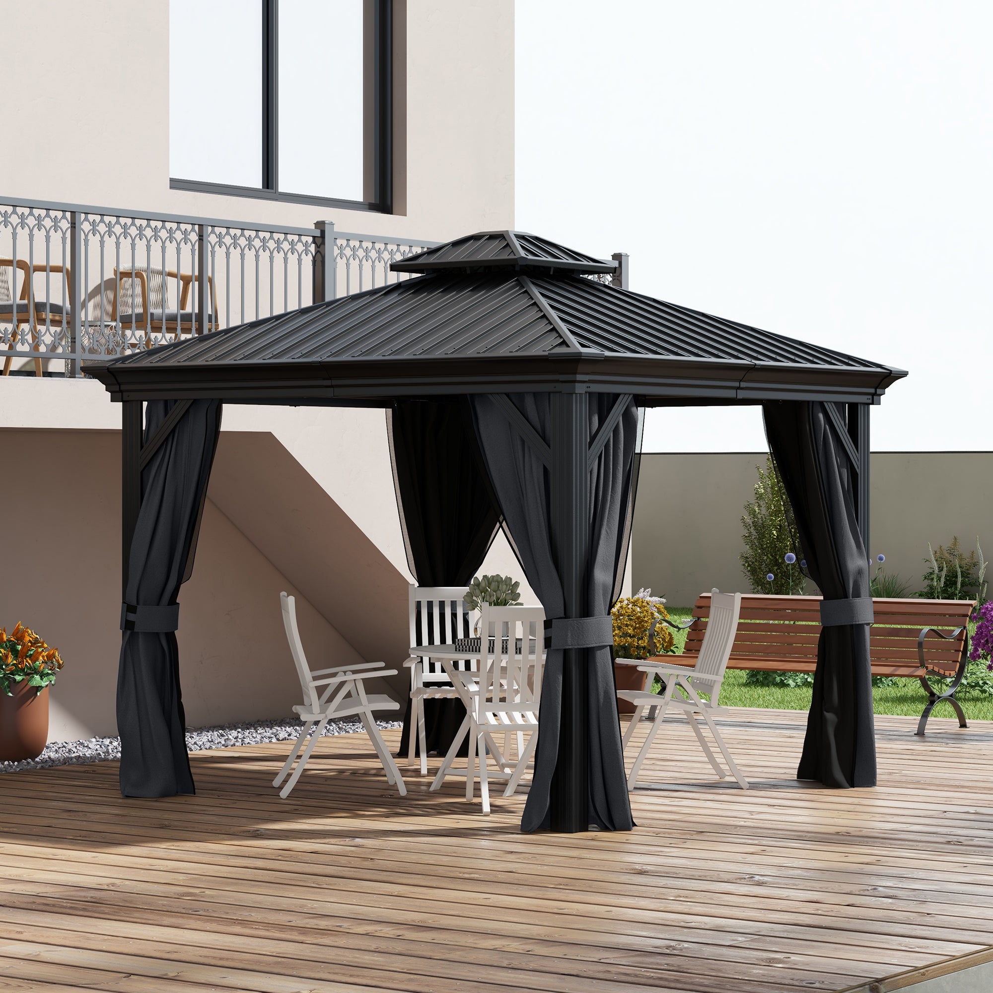 Outsunny 3.65 x 3m Aluminium Hardtop Gazebo, with Accessories - Dark Grey - North Peak Garden Furniture