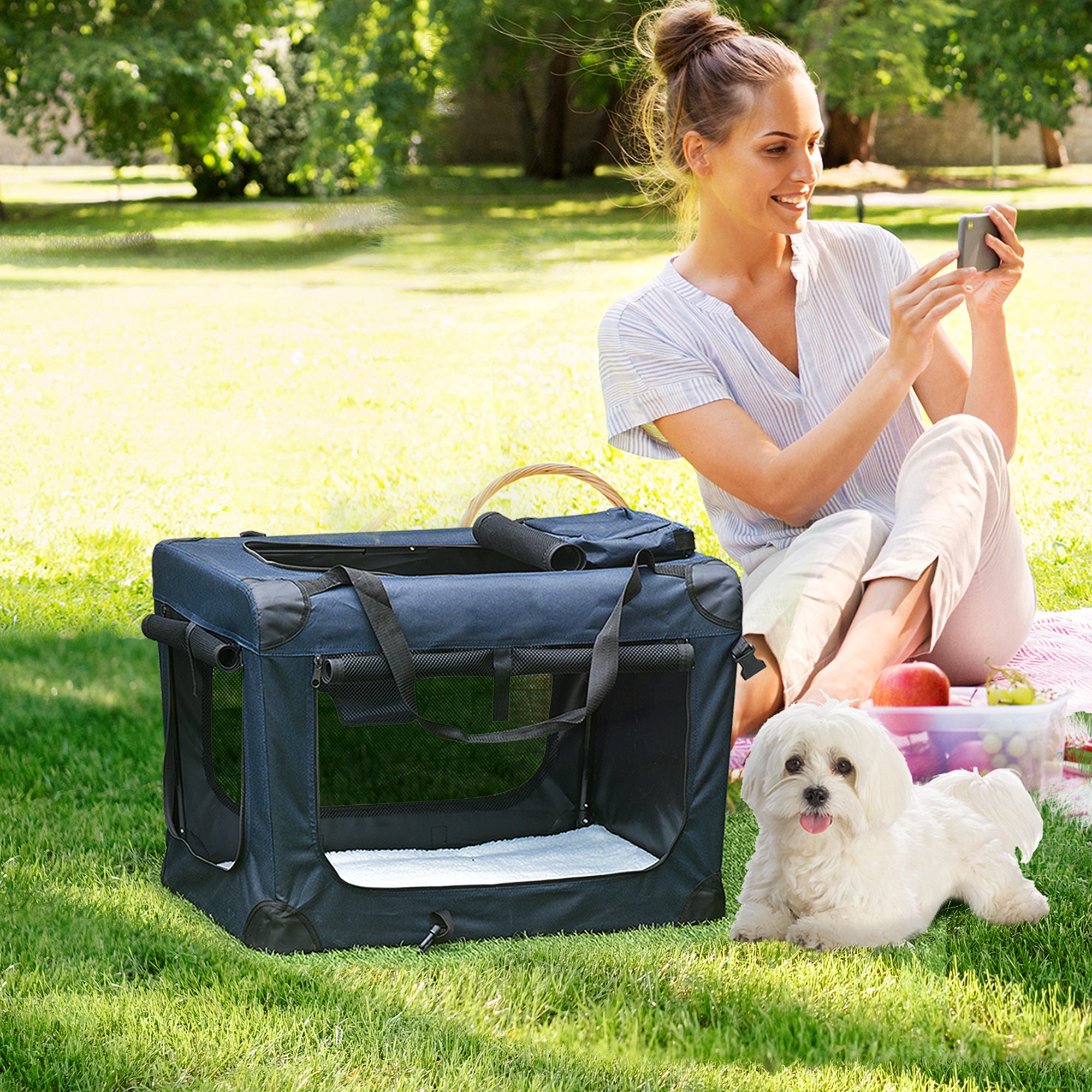 PawHut Foldable Pet Carrier for Small and Miniature Dogs, Portable Cat Carrier Soft Side Pet Travel Crate with Removable Mat, Storage Bags, Breathable Mesh 60 x 41.5 x 41cm - Dark Blue - North Peak Garden Furniture