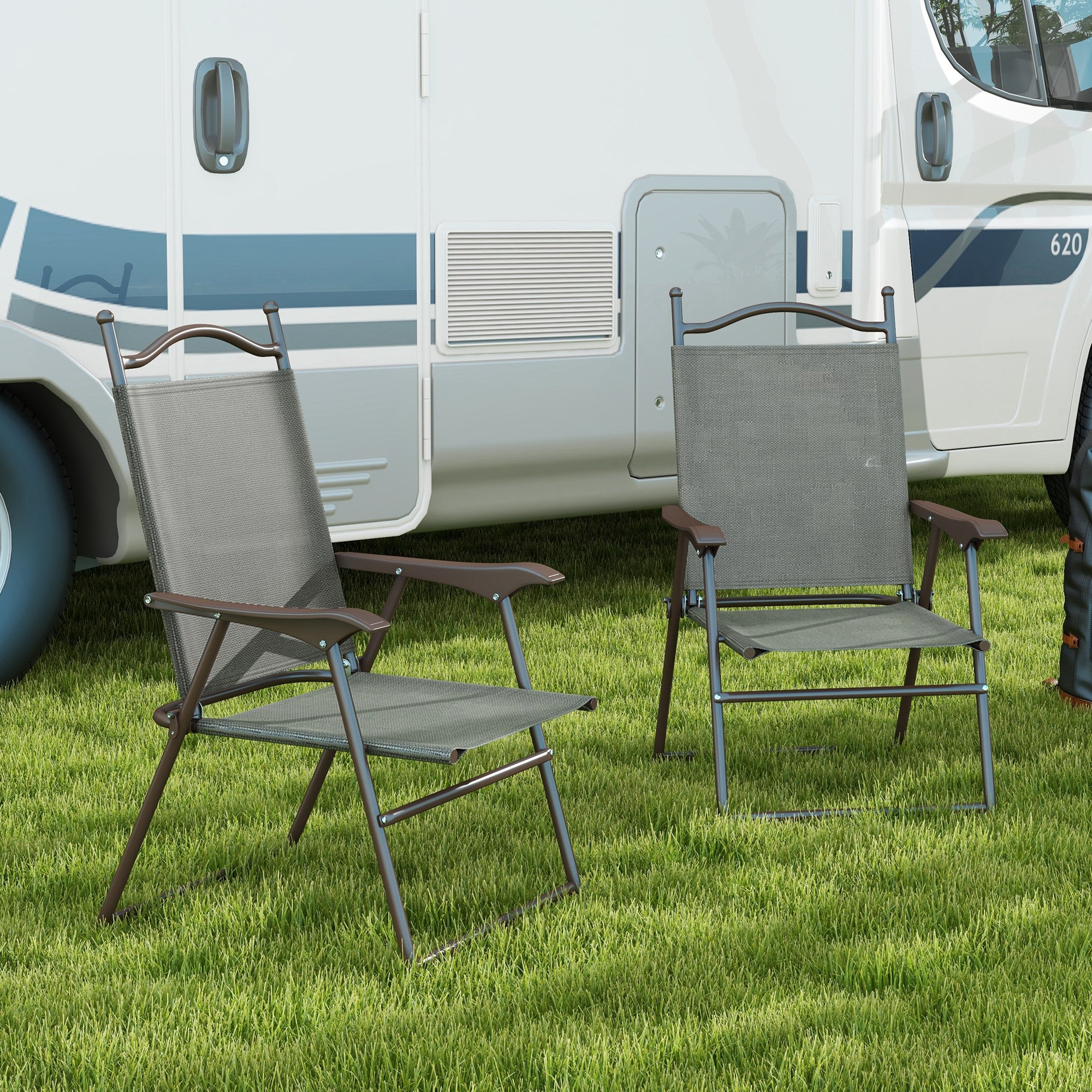 Outsunny Set of Two Folding Garden Chairs, with Fabric Mesh Seats - Dark Grey - North Peak Garden Furniture