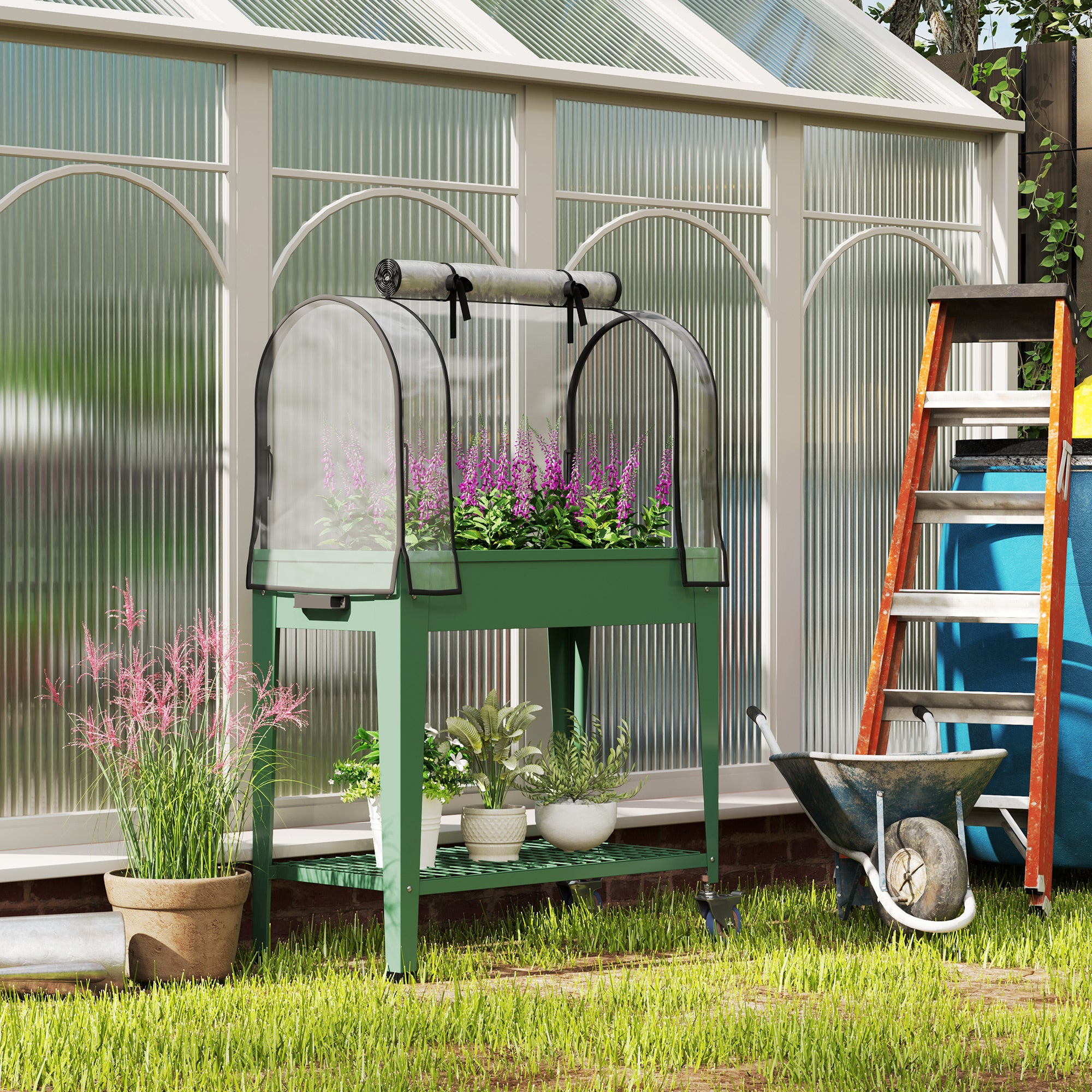 Outsunny Raised Planter with Greenhouse Cover, Mobile Elevated Garden Bed with Wheels and Bottom Shelf for Vegetables, Green - North Peak Garden Furniture