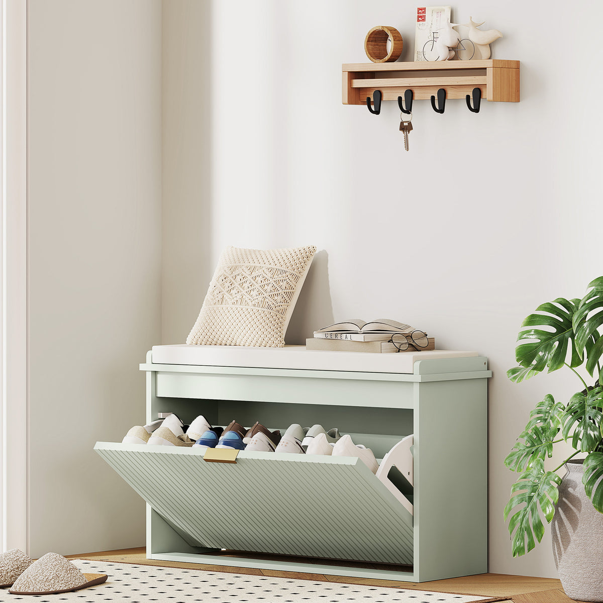 HOMCOM Elegant Eight Shoe Bench, with Top Seat - Green