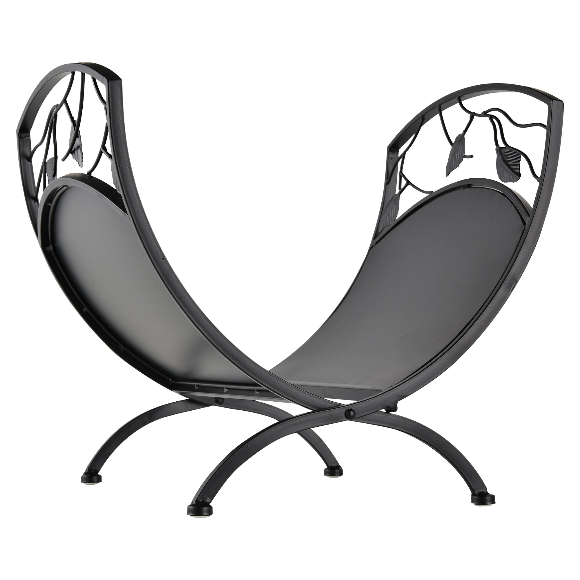 Outsunny Metal Arced Firewood Log Holder Indoor Outdoor Folding Firewood Rack Fireplace Wood Storage Shelf w/ Leaf Pattern Design, Black, 43.5W x 36.5D x 41H cm - North Peak Garden Furniture