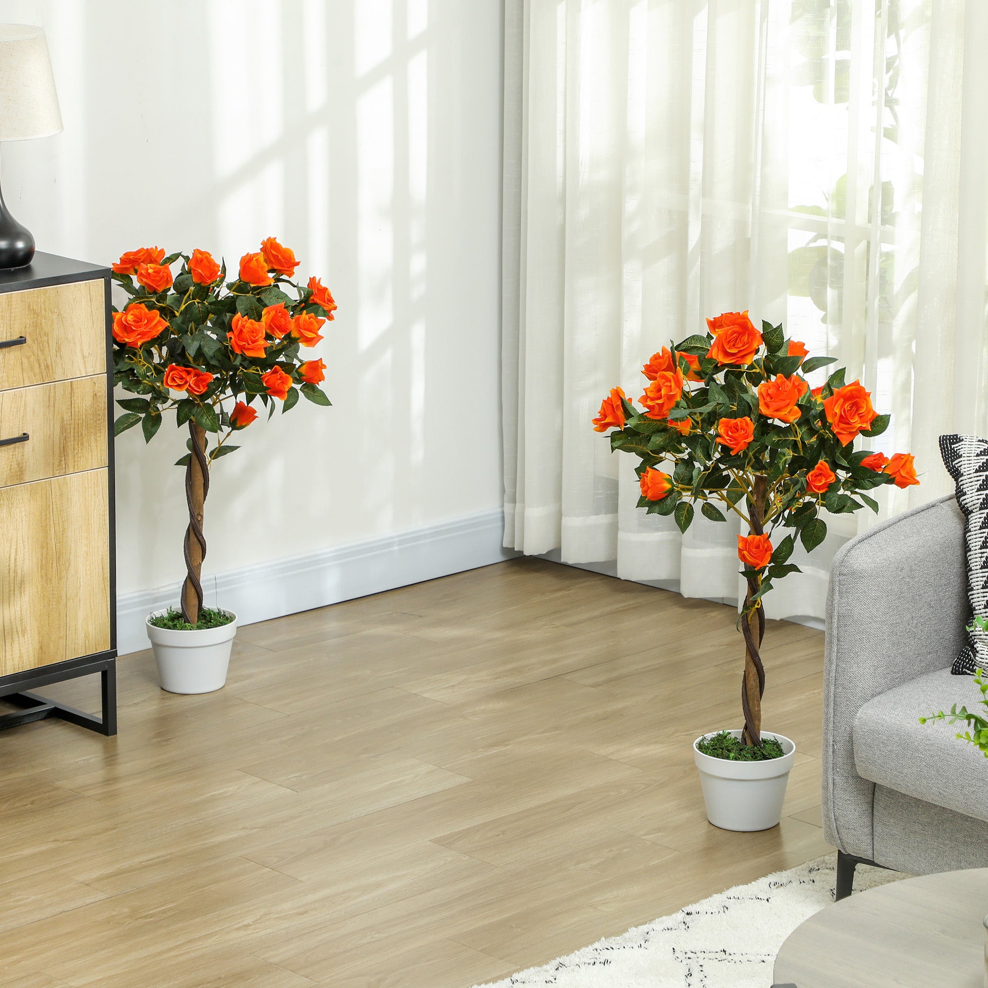 Outsunny Set of 2 Artificial Plants White Rose Floral in Pot, Fake Plants for Home Indoor Outdoor Decor, 90cm, Orange - North Peak Garden Furniture