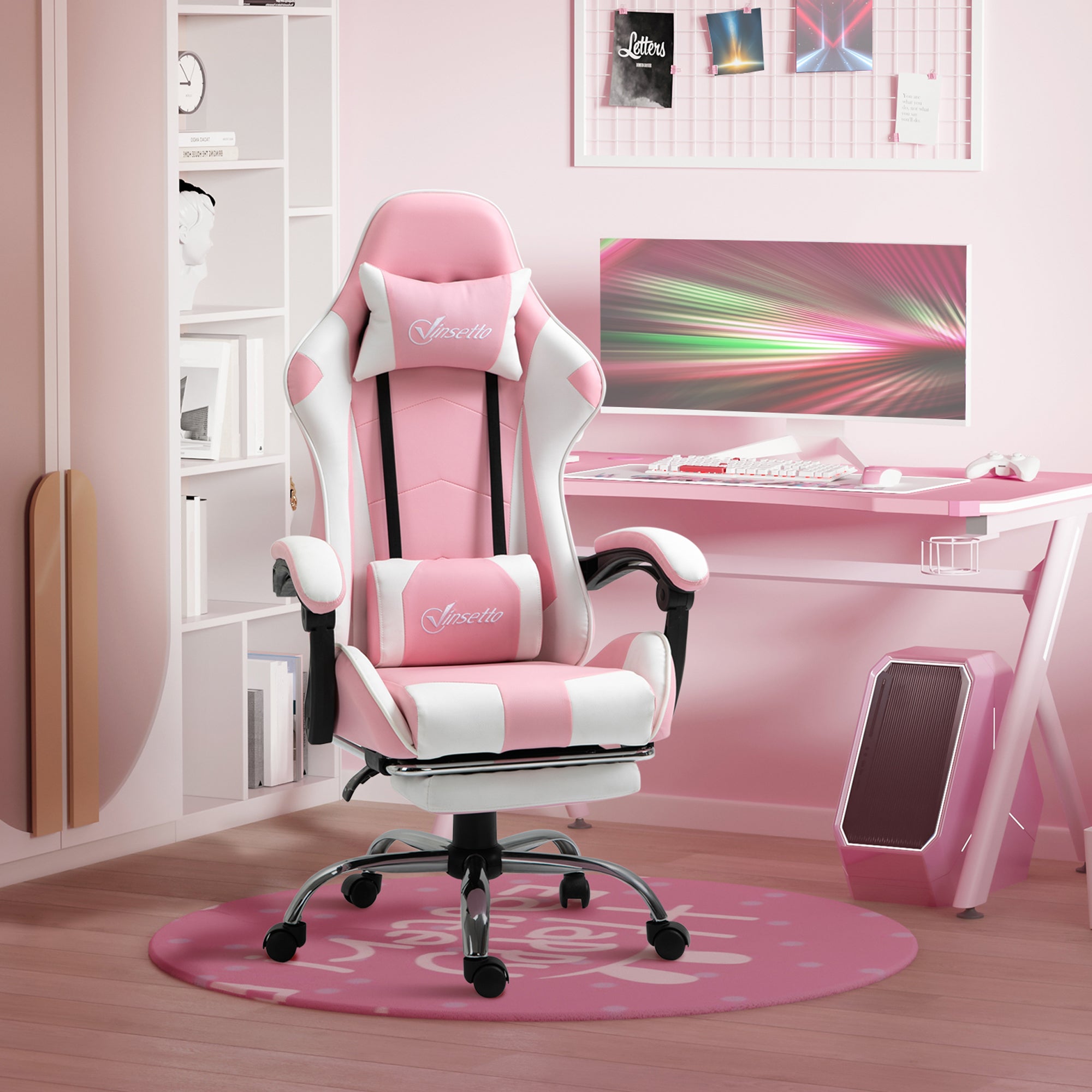 Vinsetto Pink Computer Gaming Chair, Desk Chair with 135° Reclining Back and Retractable Footrest, Adjustable PU Leather Lumbar Support and Headrest, Steel Base for Adults, Girls - North Peak Garden Furniture