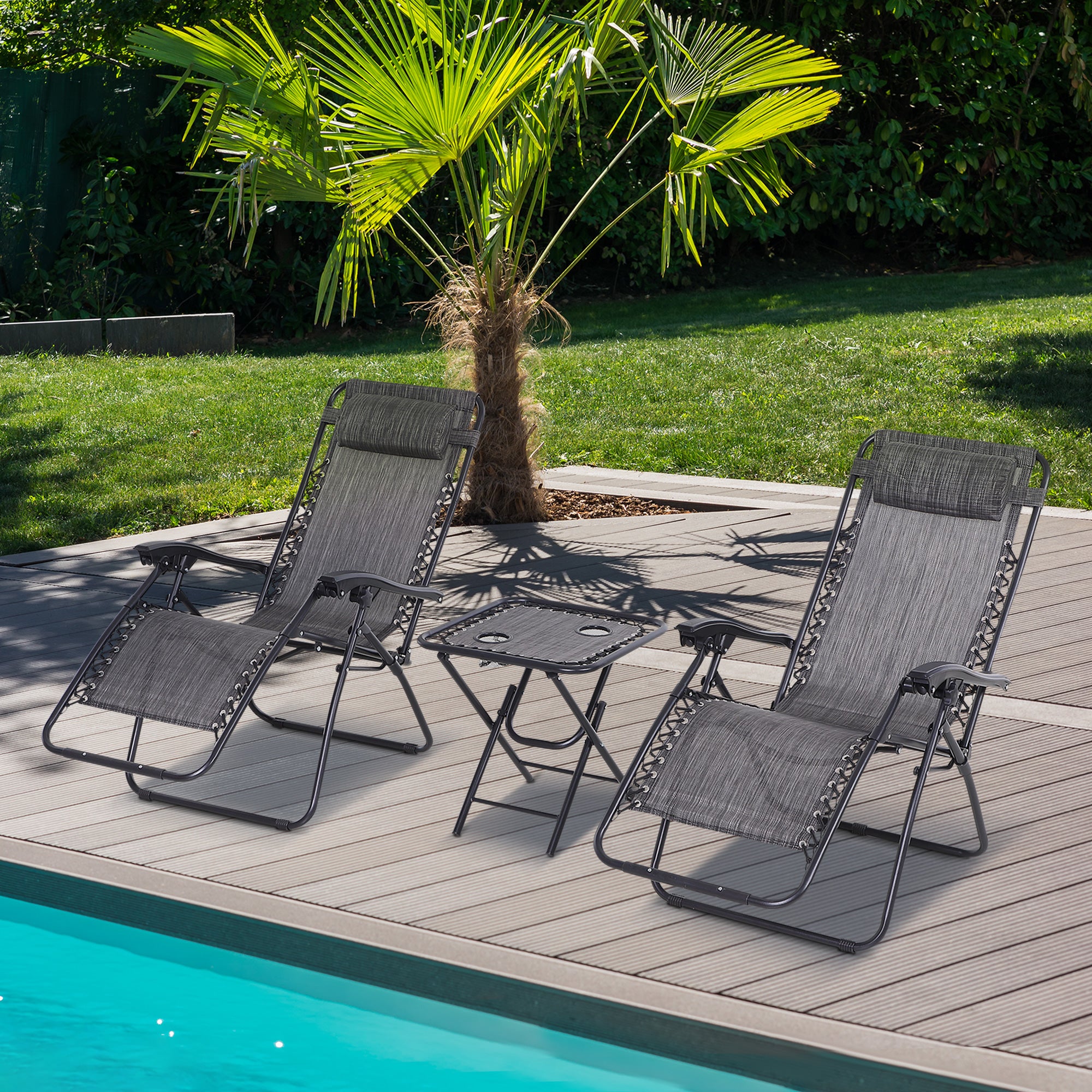 Outsunny 3pcs Folding Zero Gravity Chairs Sun Lounger Table Set w/ Cup Holders Reclining Garden Yard Pool, Light Grey - North Peak Garden Furniture
