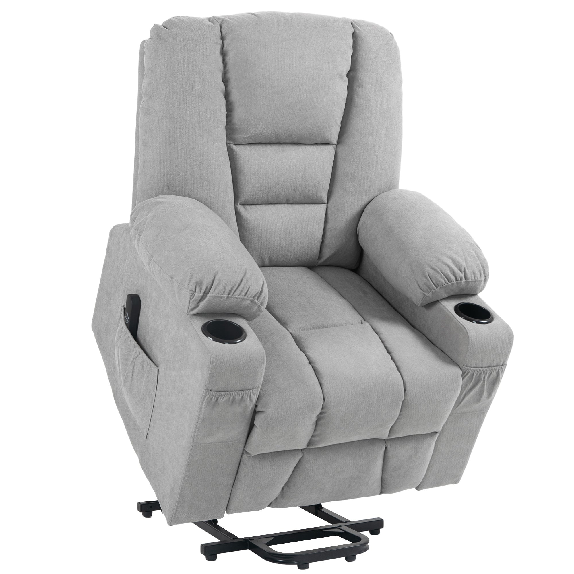 HOMCOM Oversized Riser and Recliner Chairs for the Elderly, Fabric Upholstered Lift Chair for Living Room with Remote Control, Side Pockets, Cup Holder, Light Grey - North Peak Garden Furniture