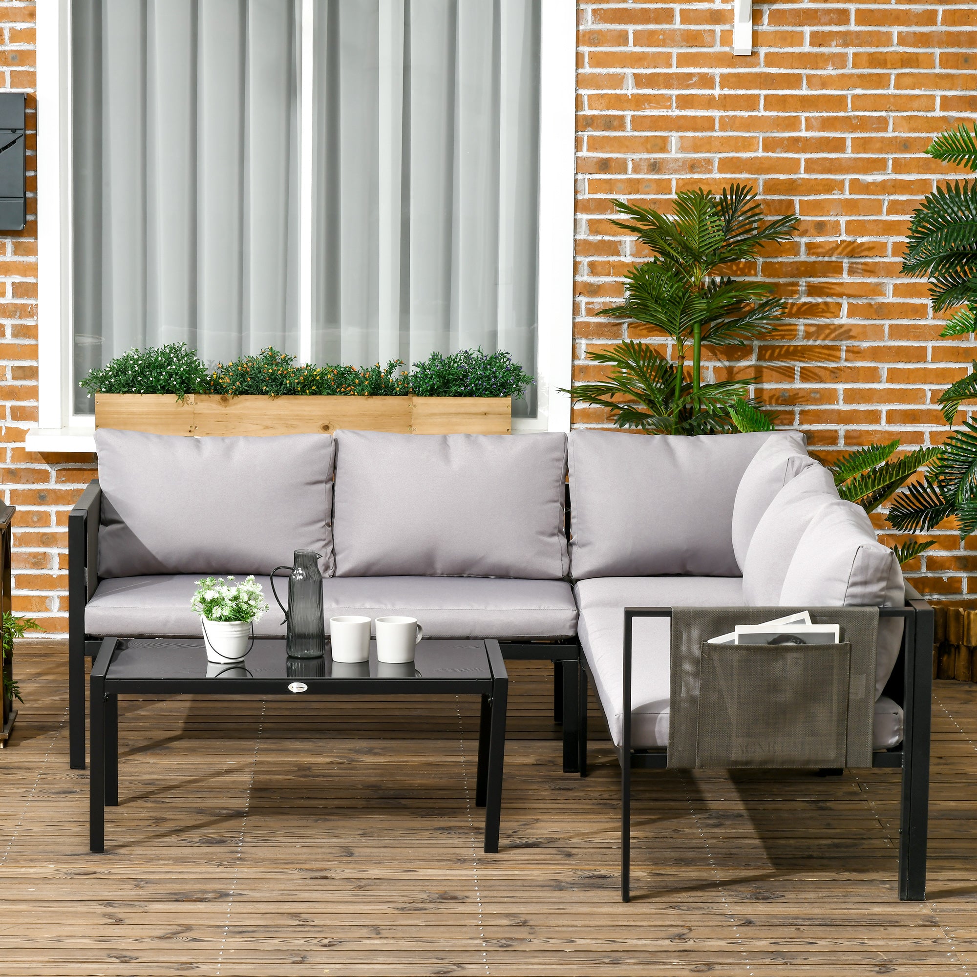 Outsunny 4 Piece Metal Garden Furniture Set with Tempered Glass Coffee Table, Breathable Mesh Pocket, Outdoor Conversational Corner Sofa Loveseat with Padded Cushions, Light Grey - North Peak Garden Furniture