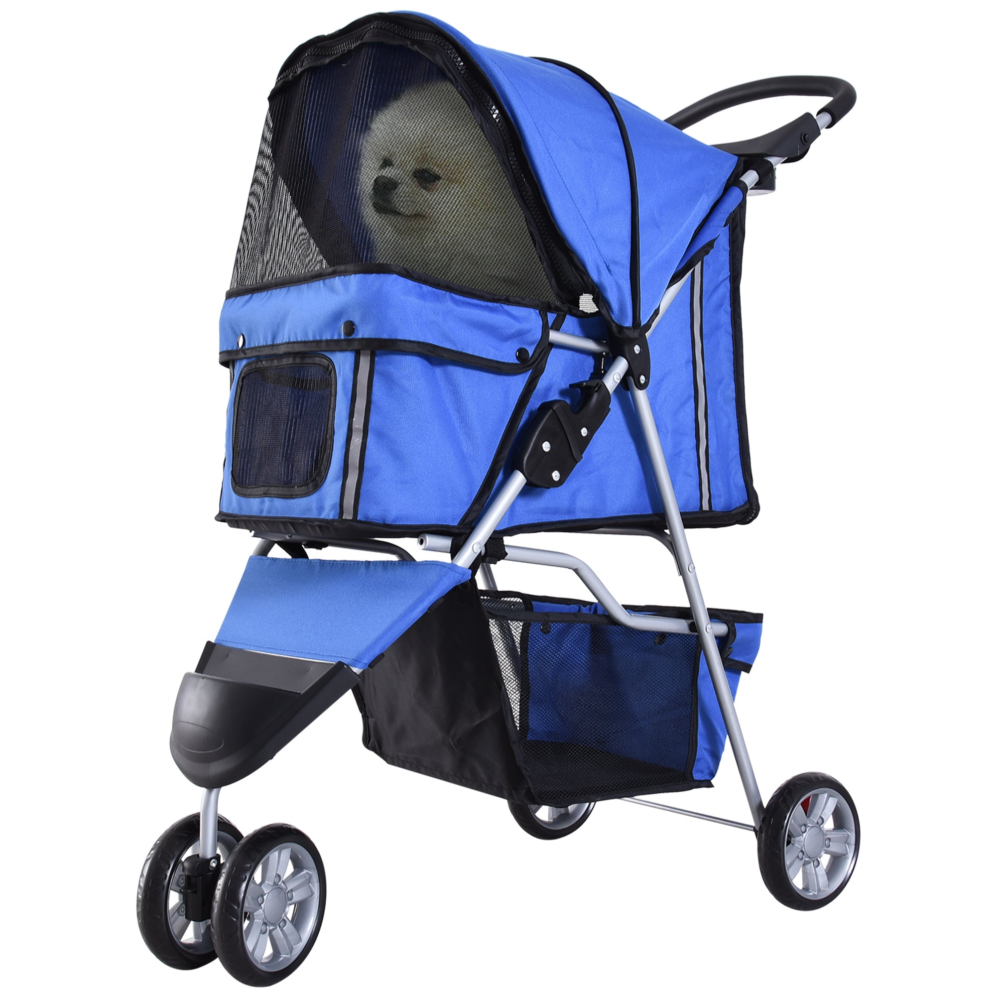 PawHut Dog Stroller, 3 Wheels Foldable Cat Dog Pram with Cup Holder, Storage Basket, Pet Stroller for Small Miniature Dogs, Blue - North Peak Garden Furniture