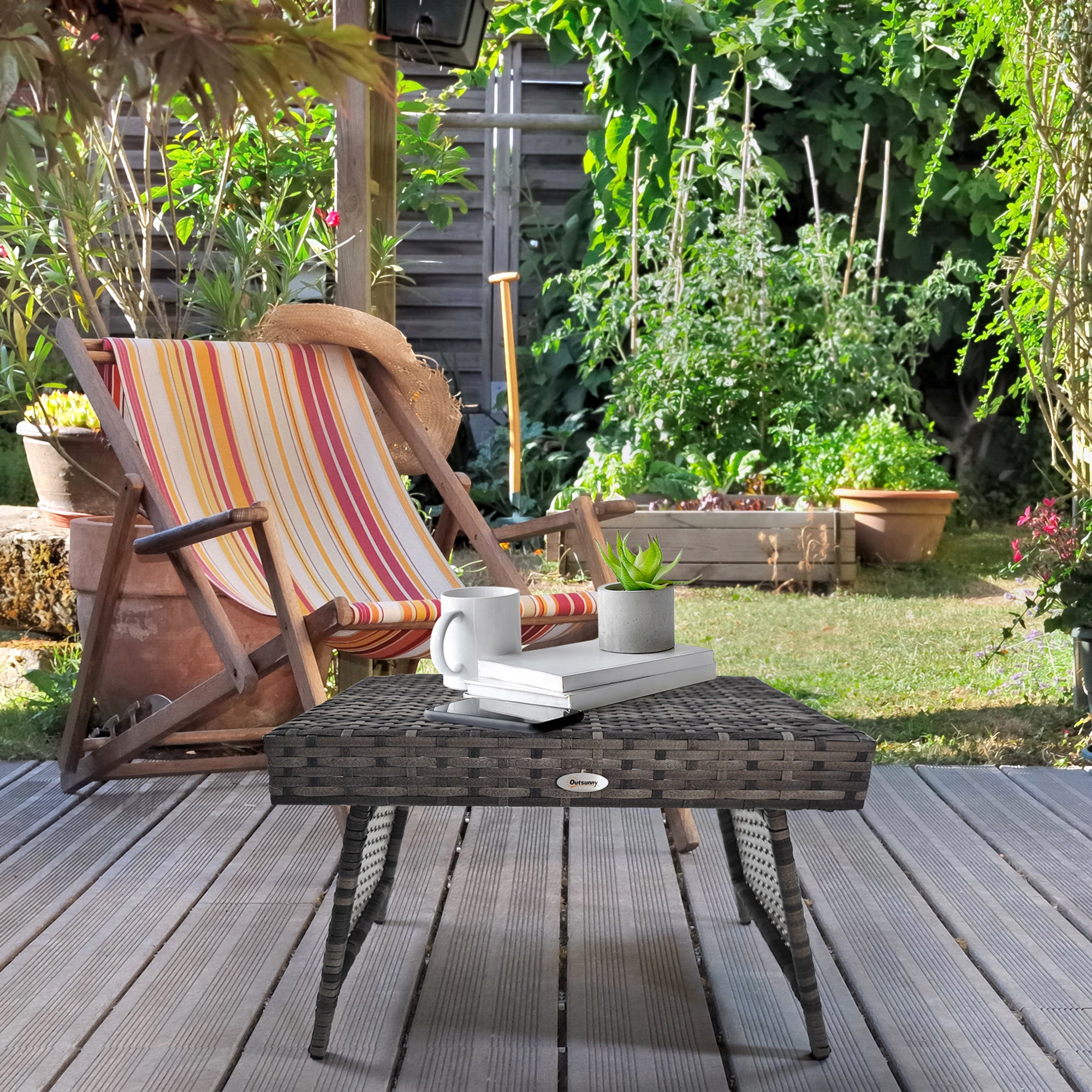 Outsunny Foldable Outdoor Coffee Table, Metal Frame Rattan Side Table, Coffee Table Side Table for Lawn, Garden, Mixed Grey - North Peak Garden Furniture