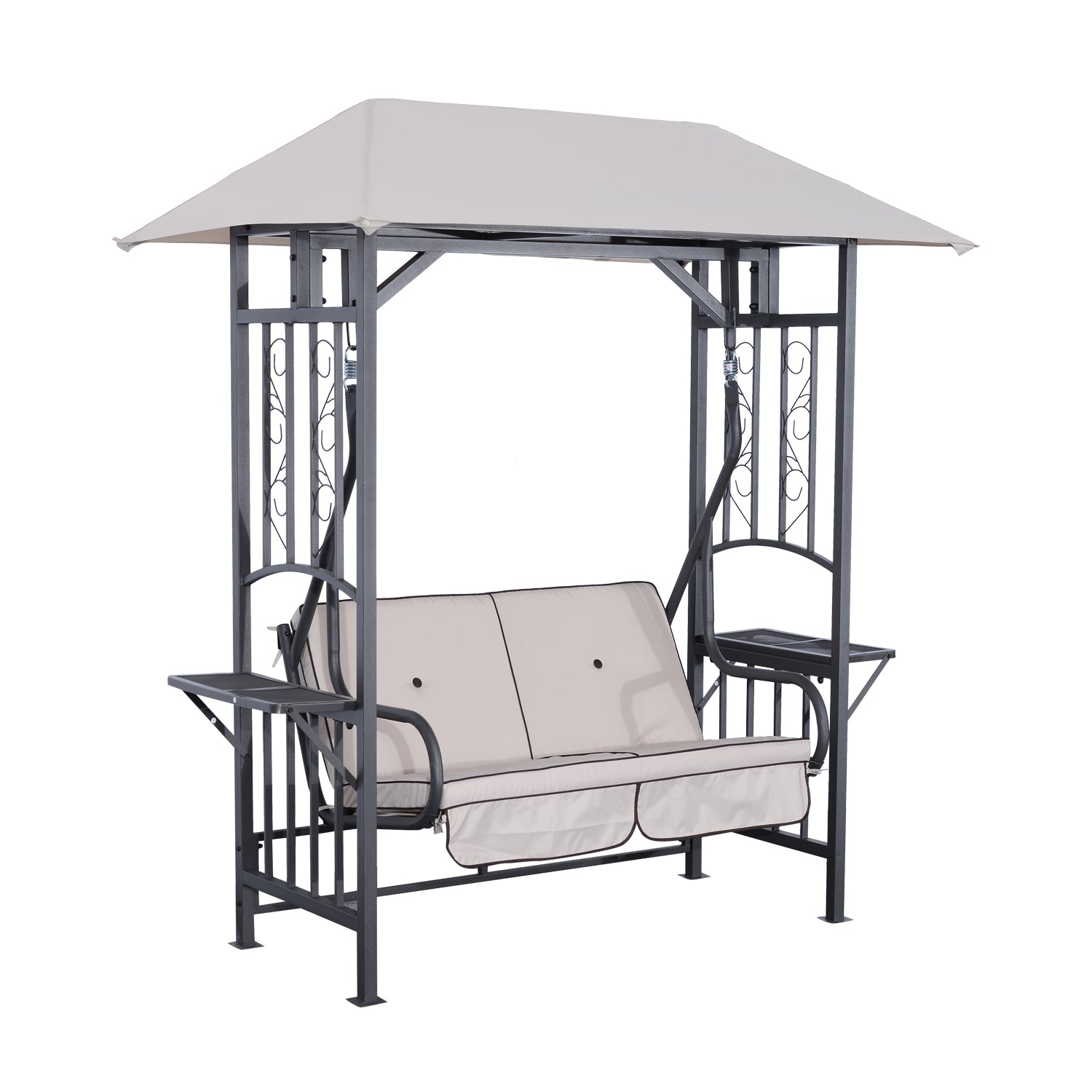 Outsunny Outdoor Garden 2 Seater Canopy Swing Chair Seat Porch Loveseat Vintage Hammock Cushioned Seat w/ and Side Drink Panel - North Peak Garden Furniture