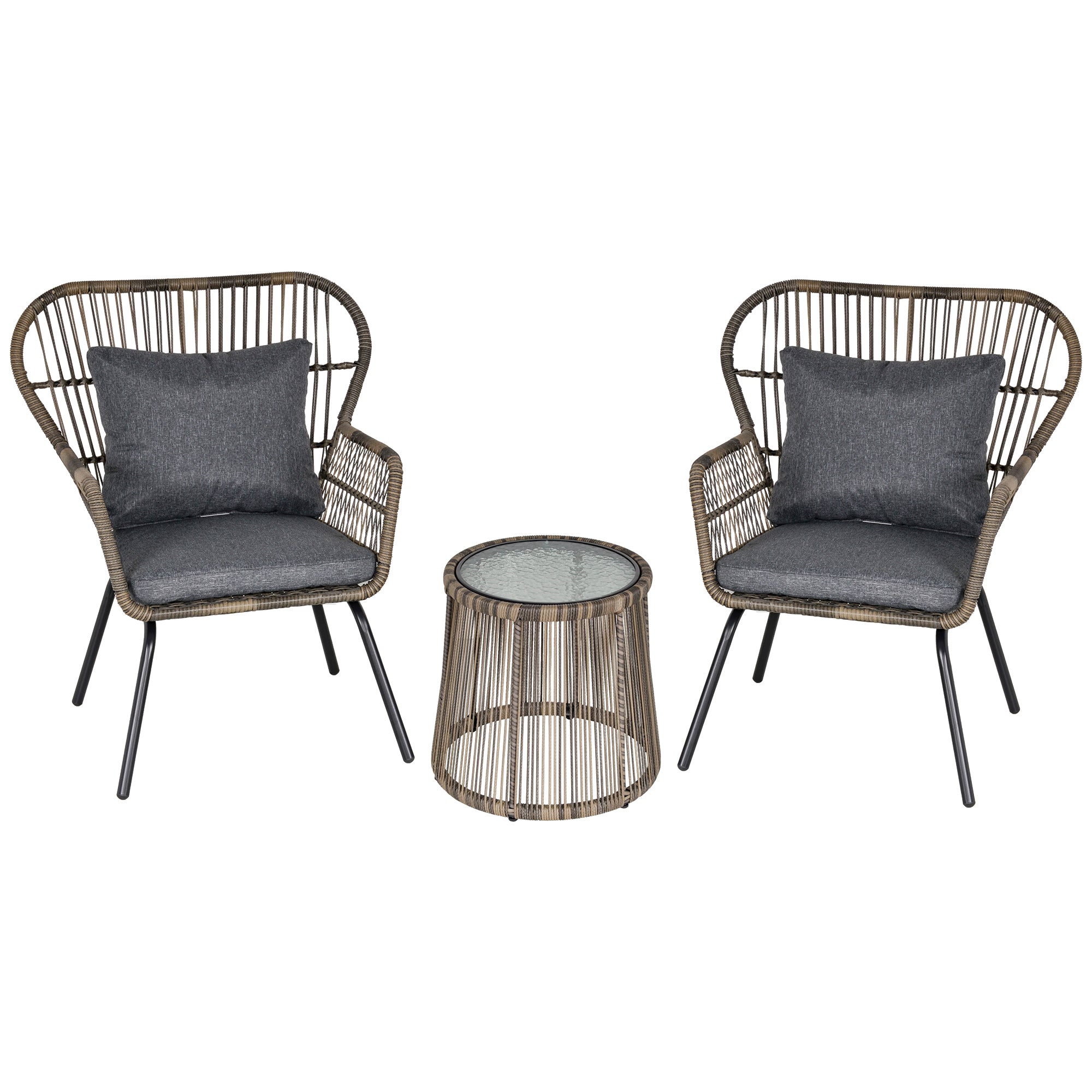 Outsunny 3 Pieces Rattan Bistro Set, Wicker Garden Furniture Set with Cushions, Glass Top Coffee Table and Chairs for Outdoor, Patio, Balcony, Grey - North Peak Garden Furniture