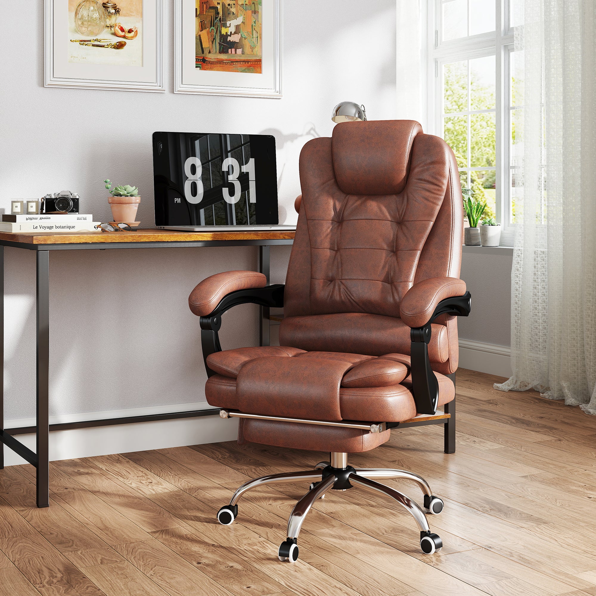 Vinsetto Heated 6 Points Vibration Massage Executive Office Chair Adjustable Swivel Ergonomic High Back Desk Chair Recliner with Footrest Brown - North Peak Garden Furniture