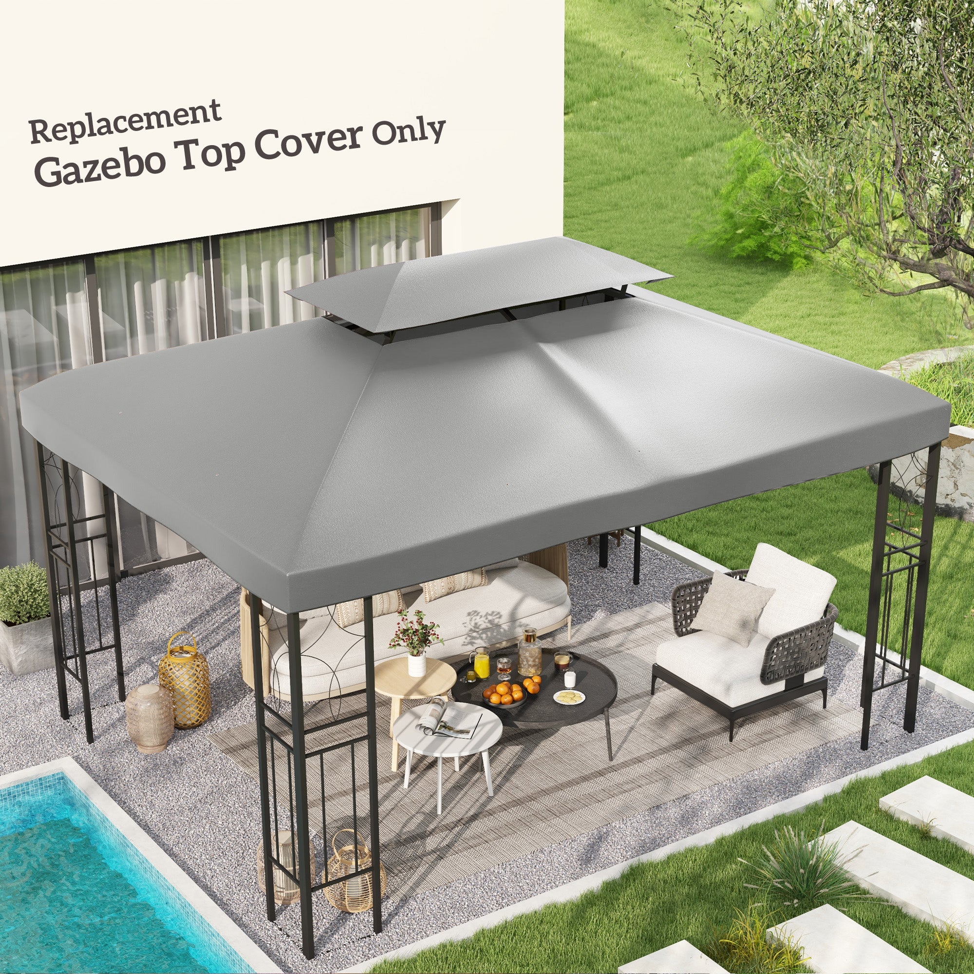Outsunny 3x4m Gazebo Canopy Replacement Cover, 2 Tier Top Roof UV Cover Garden Patio Outdoor Sun Awning Shelters, Light Grey (TOP COVER ONLY) - North Peak Garden Furniture