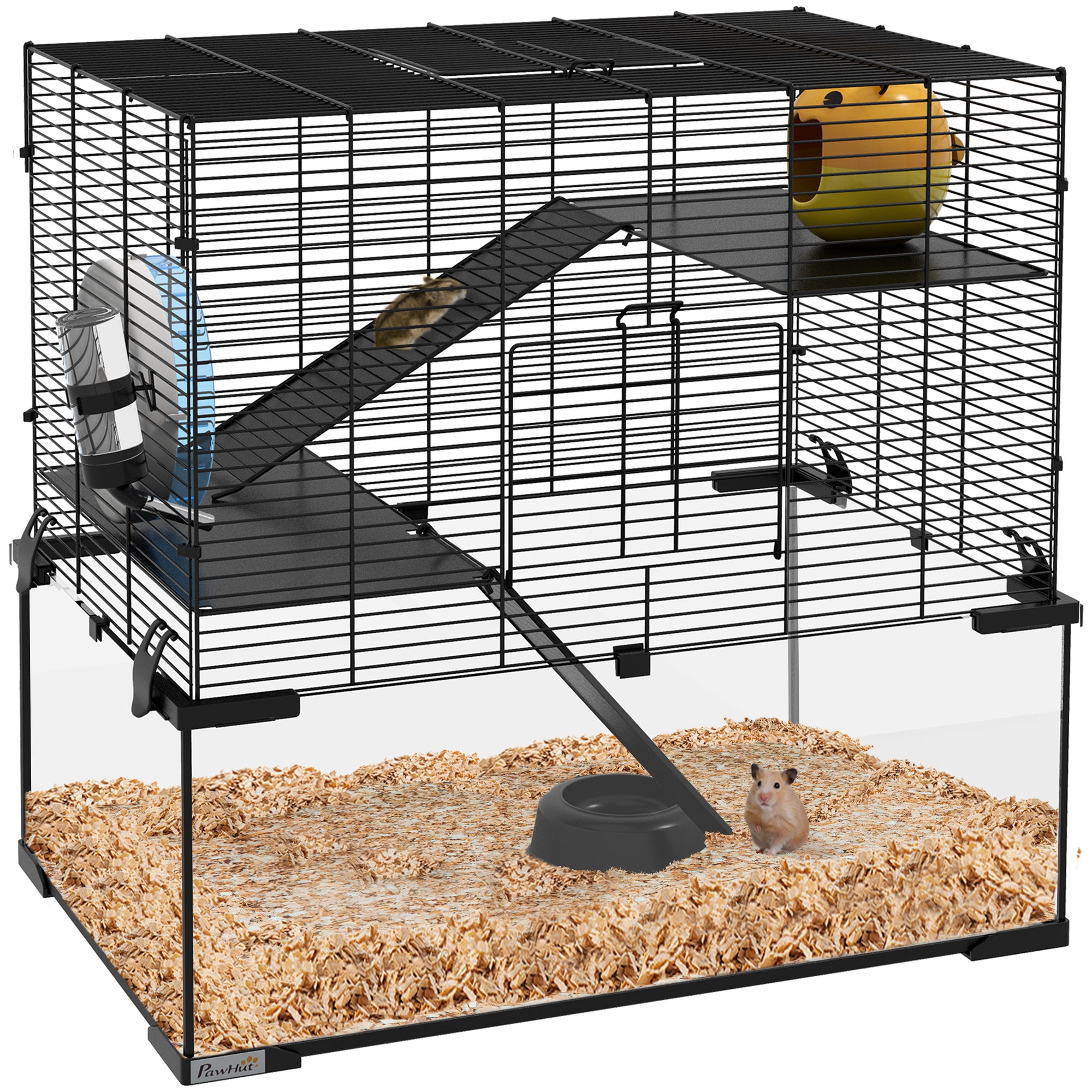 PawHut 3 Tiers Hamster Cage, Gerbil Cage with Deep Glass Bottom, Non-Slip Ramps, Platforms, Hut, Exercise Wheels, Water Bottle, Dish, for Syrian Hamster, Dwarf Hamster, 60 x 40 x 57cm - North Peak Garden Furniture