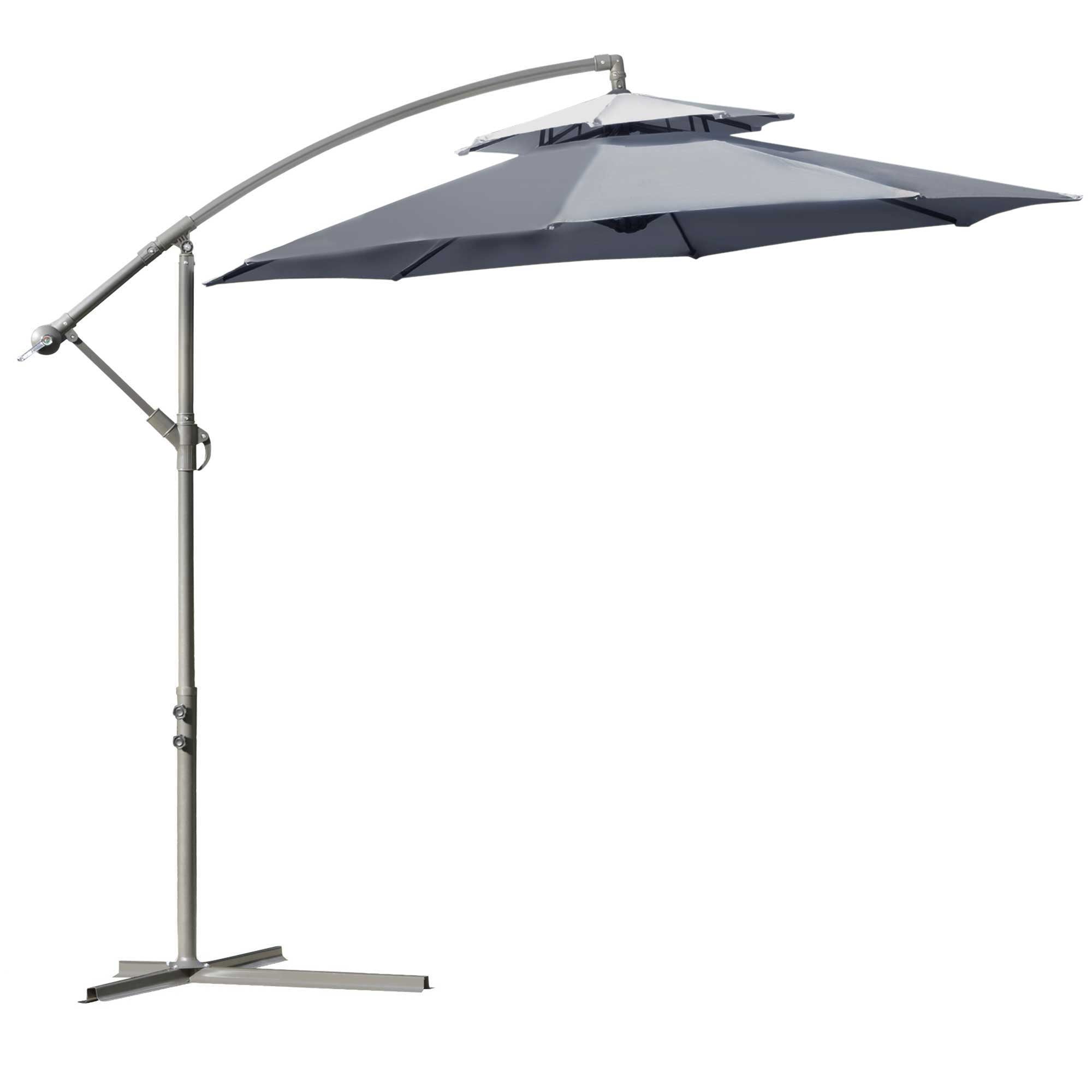 Outsunny 2.7m Garden Banana Parasol Cantilever Umbrella with Crank Handle, Double Tier Canopy and Cross Base for Outdoor, Hanging Sun Shade, Dark Grey - North Peak Garden Furniture