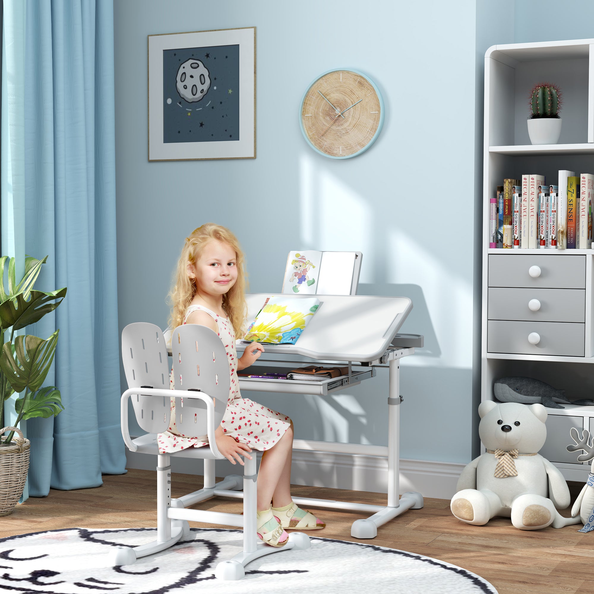 AIYAPLAY Height Adjustable Kids Desk and Chair Set, School Study Writing, Reading Table Chair Set w/ Tilted Desktop, Grey - North Peak Garden Furniture