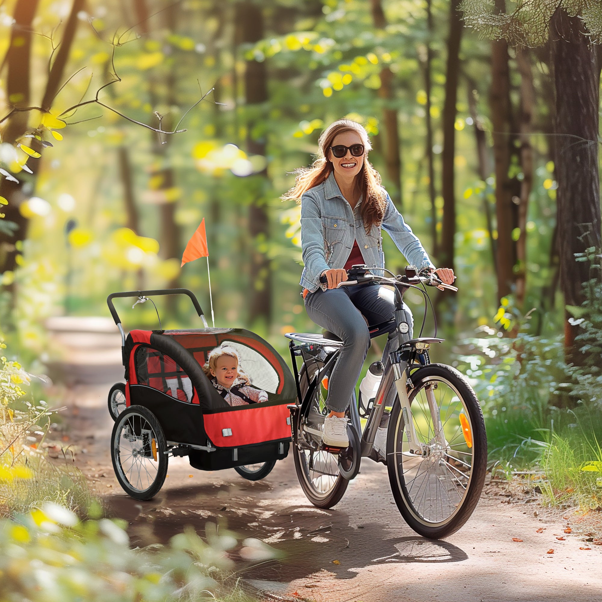 HOMCOM 2 Seat Bike Trailer with 5 Point Harness, Baby Bike Stroller with Safety Flag, Reflectors, for 18+ Months, Red - North Peak Garden Furniture