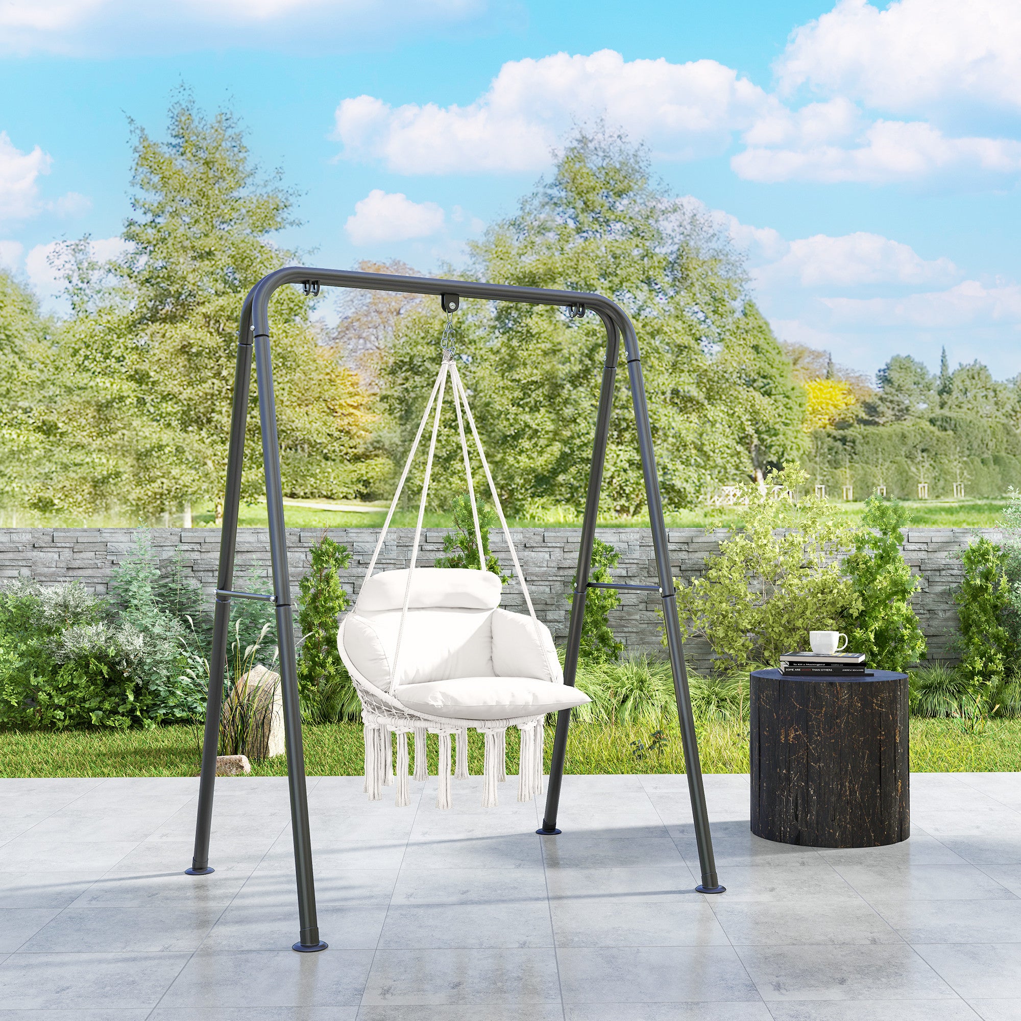 Outsunny Hanging Chair Outdoor Hammock Chair with Soft Cushion, Cotton Rope Boho Style Swing Chair, Hanging Garden Swing Seat for Indoor Outdoor, Cream White - North Peak Garden Furniture