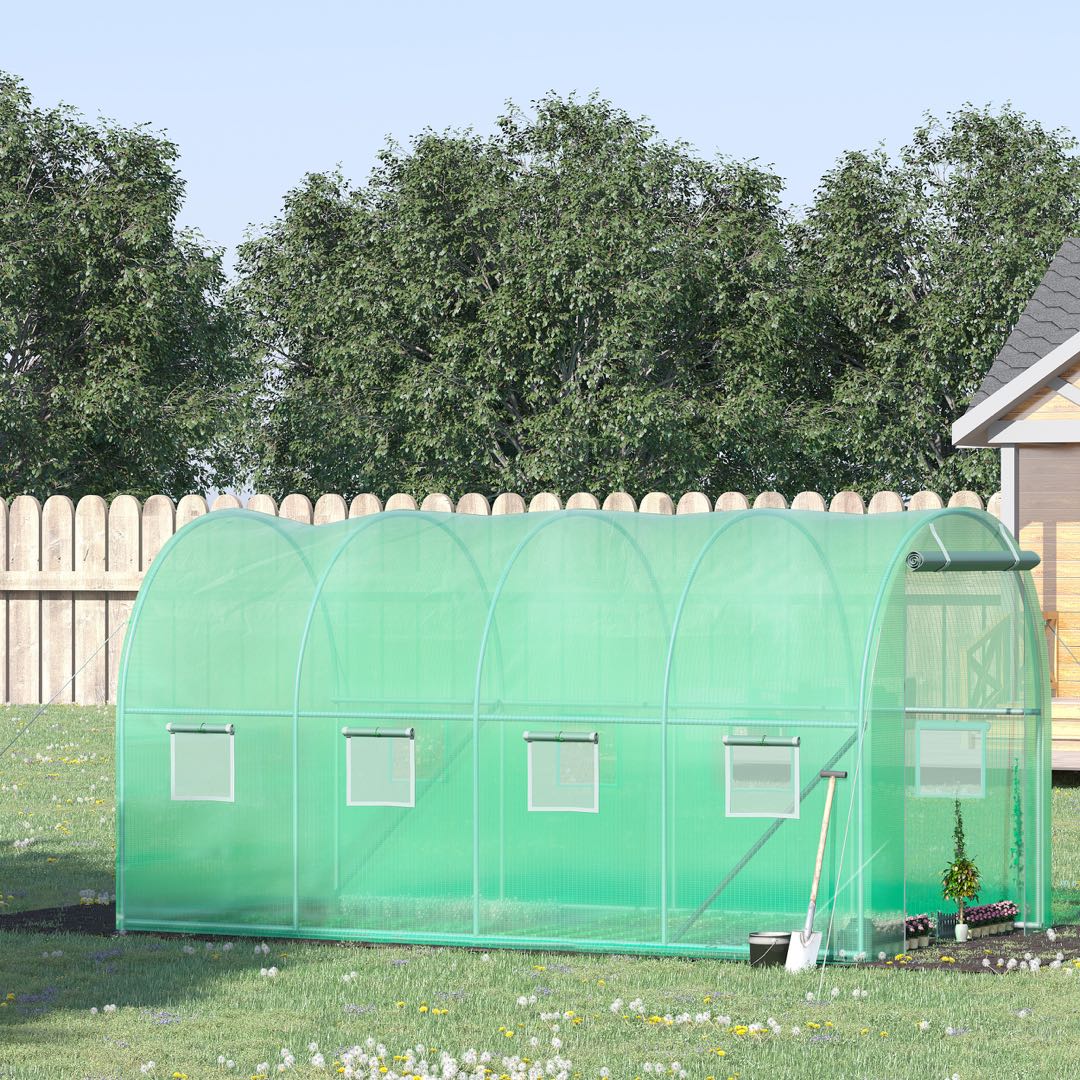 Outsunny Walk-in Polytunnel Greenhouse, Outdoor Garden Tunnel Greenhouse Tent with Zipped Roll-Up Door and 8 Mesh Windows, 4 x 2M - North Peak Garden Furniture