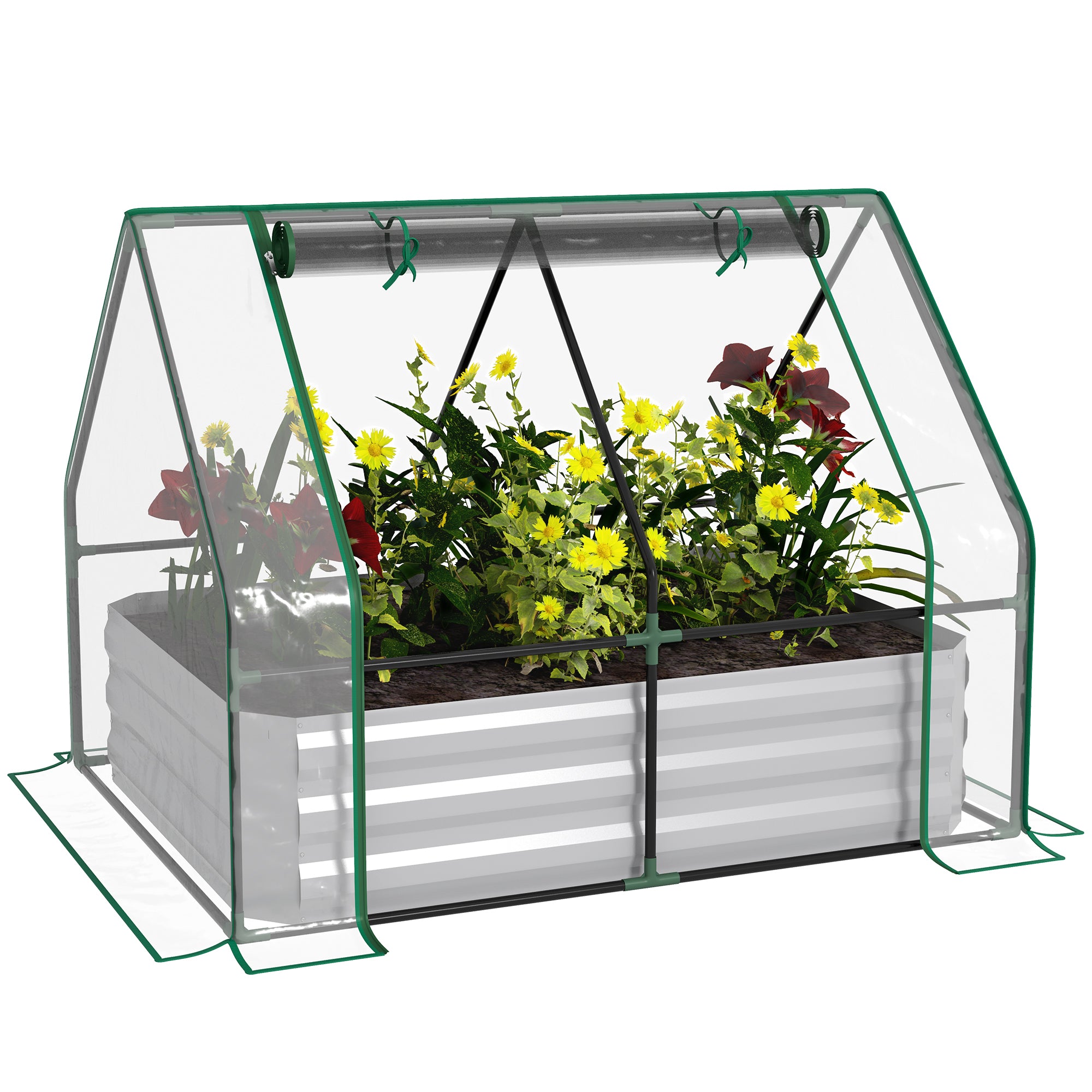 Outsunny Raised Garden Bed with Greenhouse, Steel Planter Box with Plastic Cover, Roll Up Window, Dual Use for Flowers, Vegetables, Fruits and Herbs, 127L x 95W x 92H cm, Clear - North Peak Garden Furniture