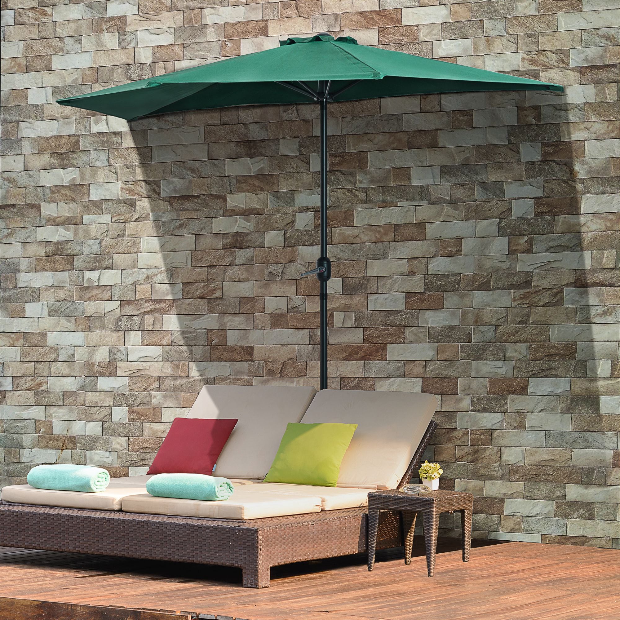 Outsunny 2.7m Garden Half Parasol, Outdoor Balcony Umbrella with 5 Steel Ribs, Patio Sun Shade, Green - North Peak Garden Furniture