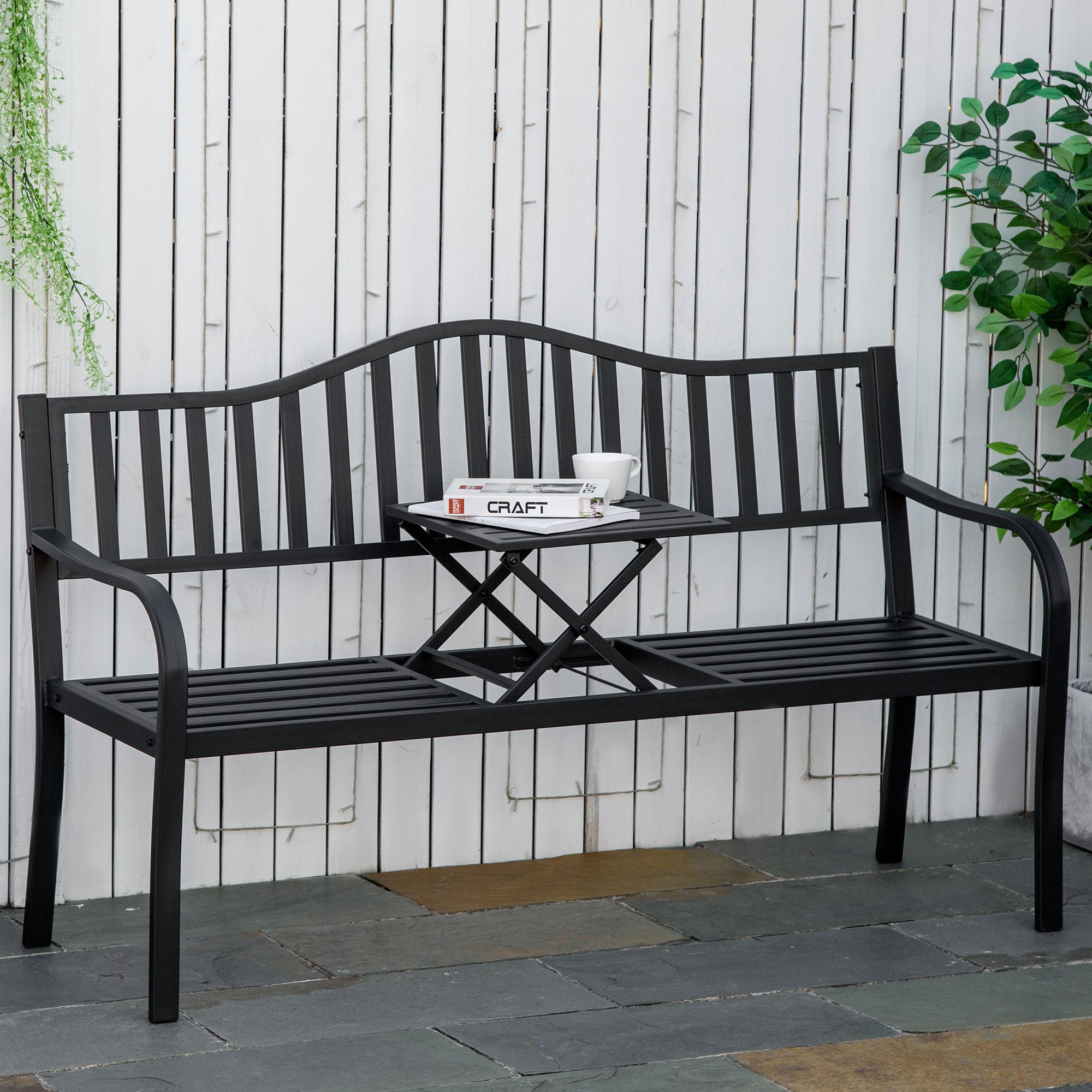 Outsunny Metal Outdoor Bench with Liftable Middle Table, Patio Loveseat, Garden Bench for Garden, Porch, Seats 2–3 People, Black