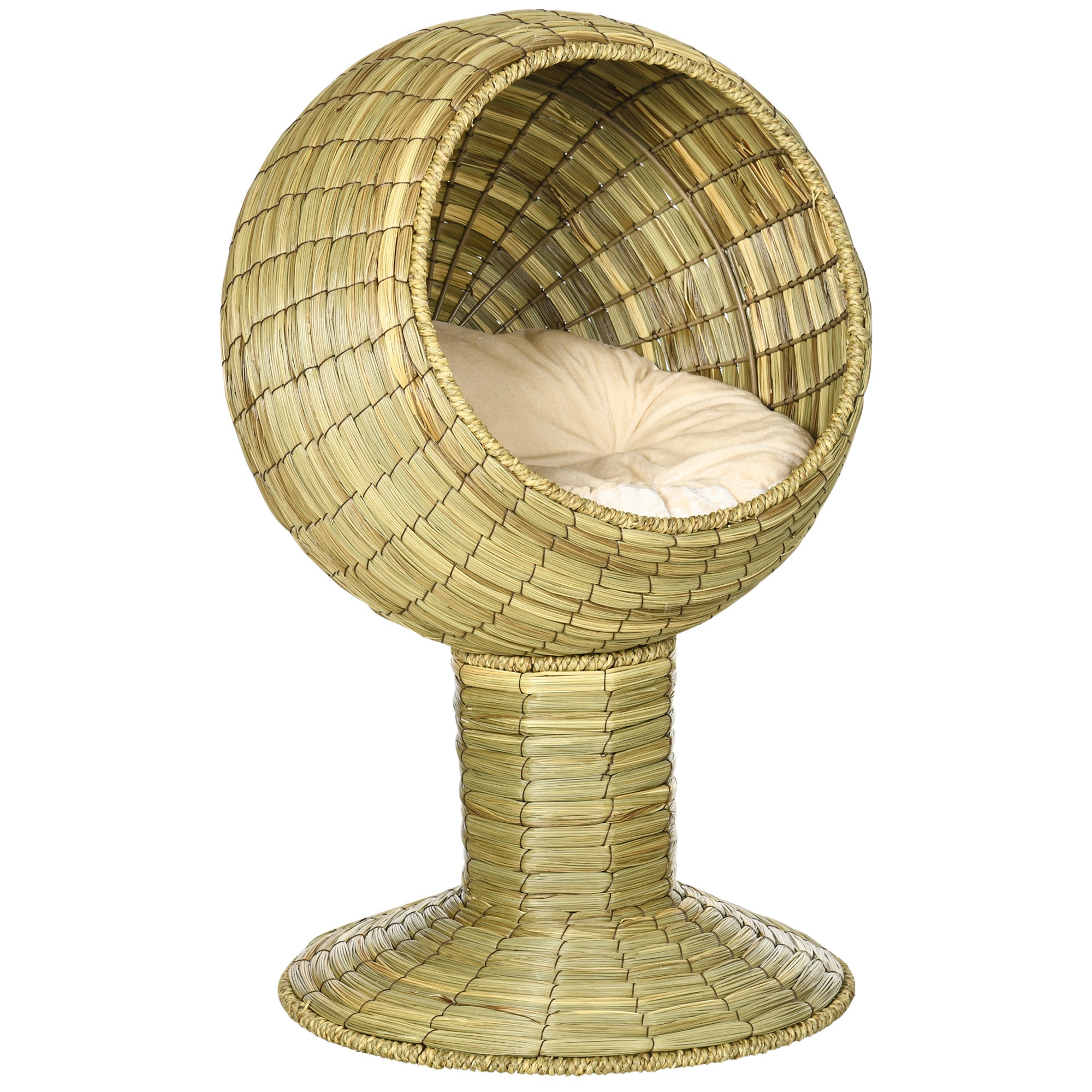PawHut Raised Detachable Cat house, Natural Mat Grass Cat Bed, with Cushion - North Peak Garden Furniture