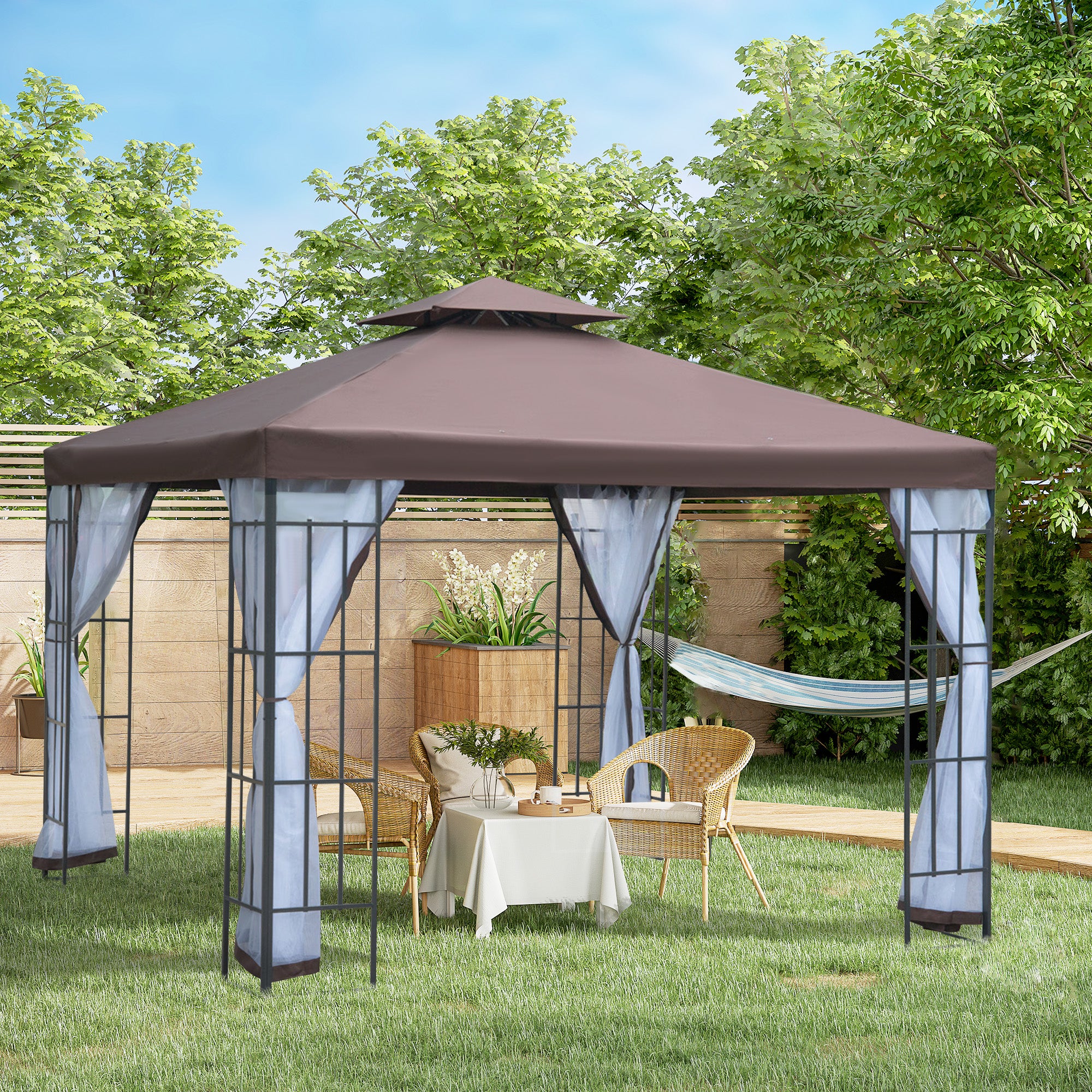 Outsunny 3 x 3(m) Patio Gazebo Canopy Garden Pavilion Tent Shelter with 2 Tier Roof and Mosquito Netting, Steel Frame, Coffee - North Peak Garden Furniture
