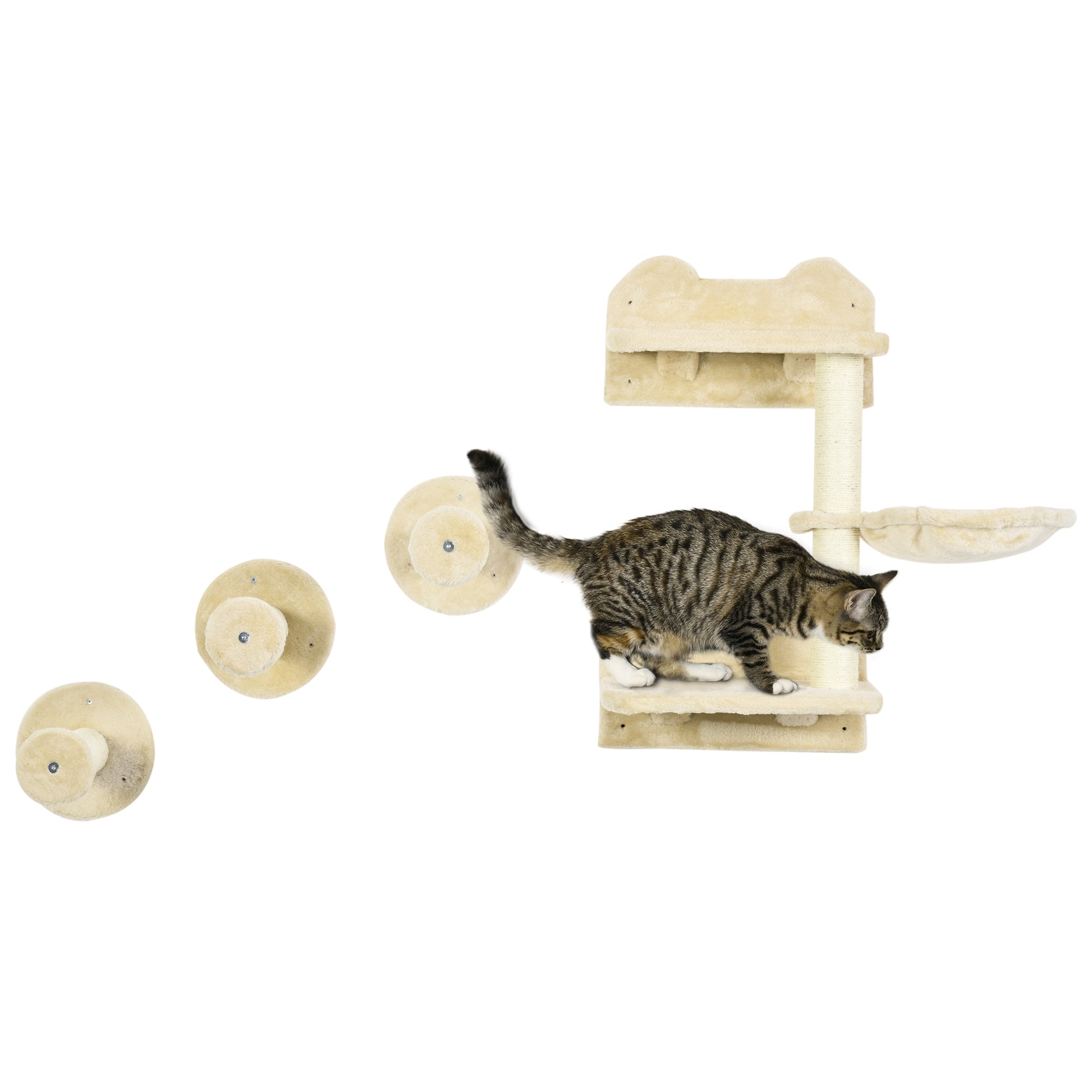 PawHut 4 Piece Cat Shelf with Scratching Post, Wall-Mounted Cat Tree for Indoor Cat - Beige - North Peak Garden Furniture