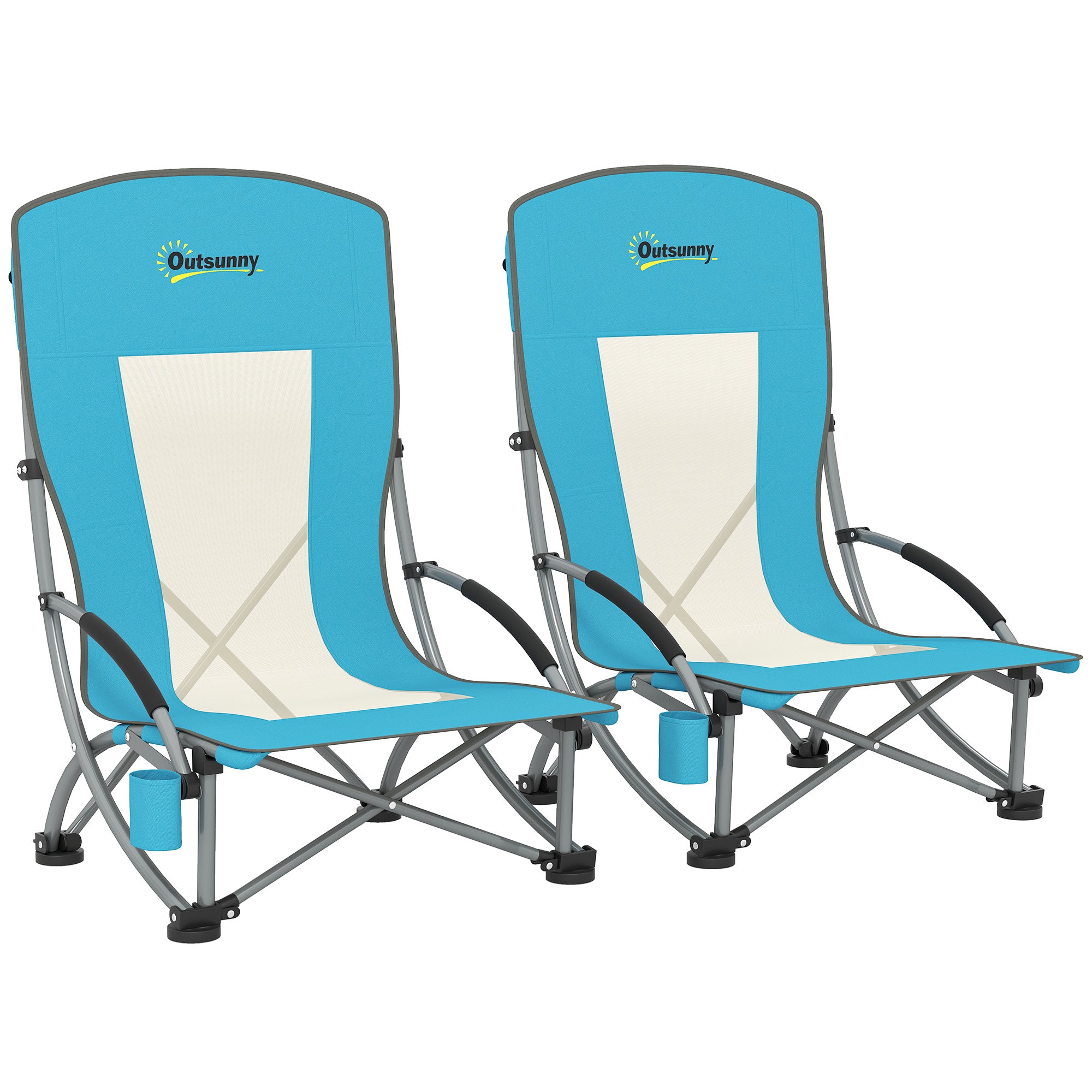 Outsunny Set of 2 Folding Beach Chair, Low Camping Chair with Mesh Back, Carry Bag and Cup Holder for Garden Outdoor Picnic Festival Travel, Blue - North Peak Garden Furniture