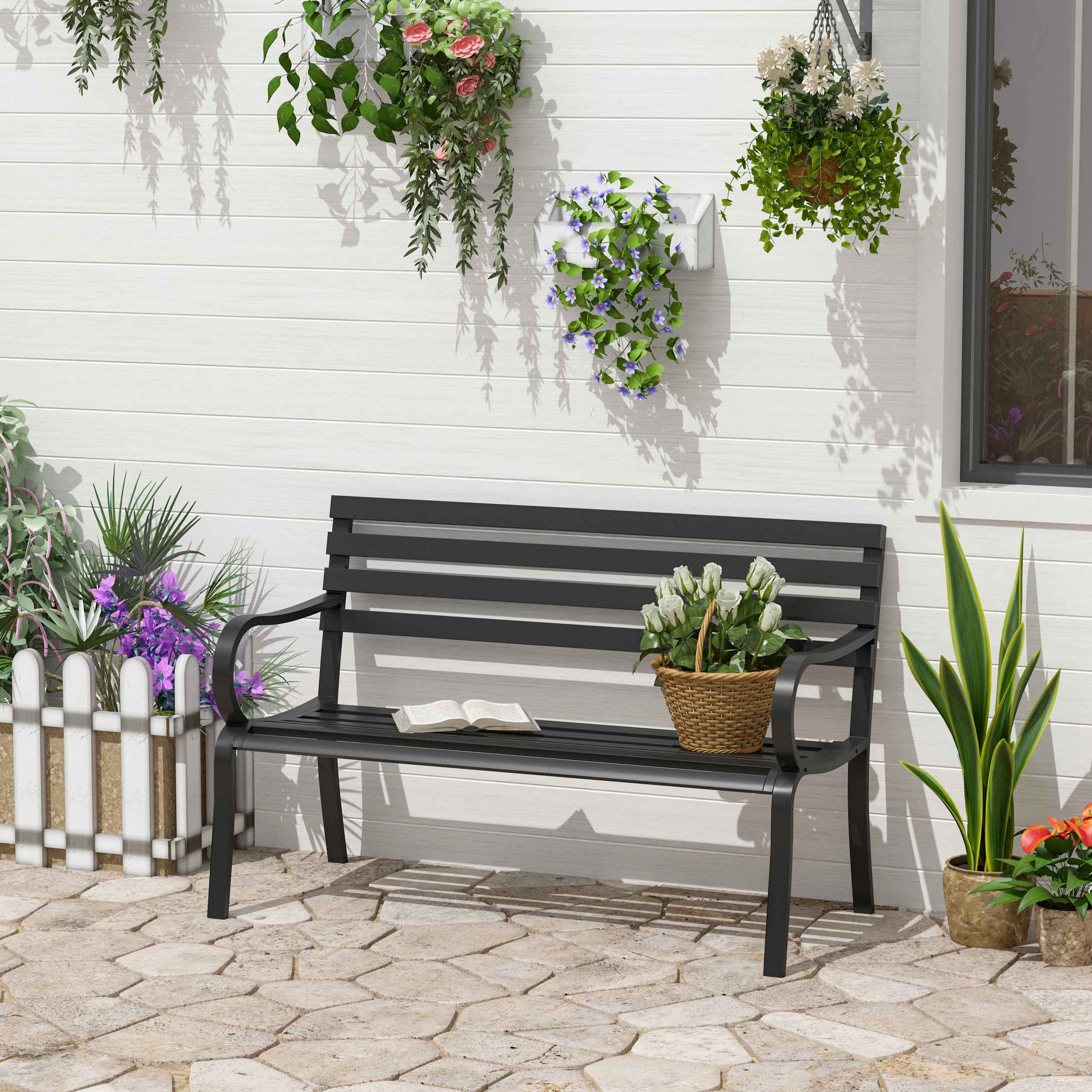 Outsunny Stylish 2 Seater Metal Garden Porch Chair Bench Stable Patio Outdoor Park Metal Bench - Black - North Peak Garden Furniture