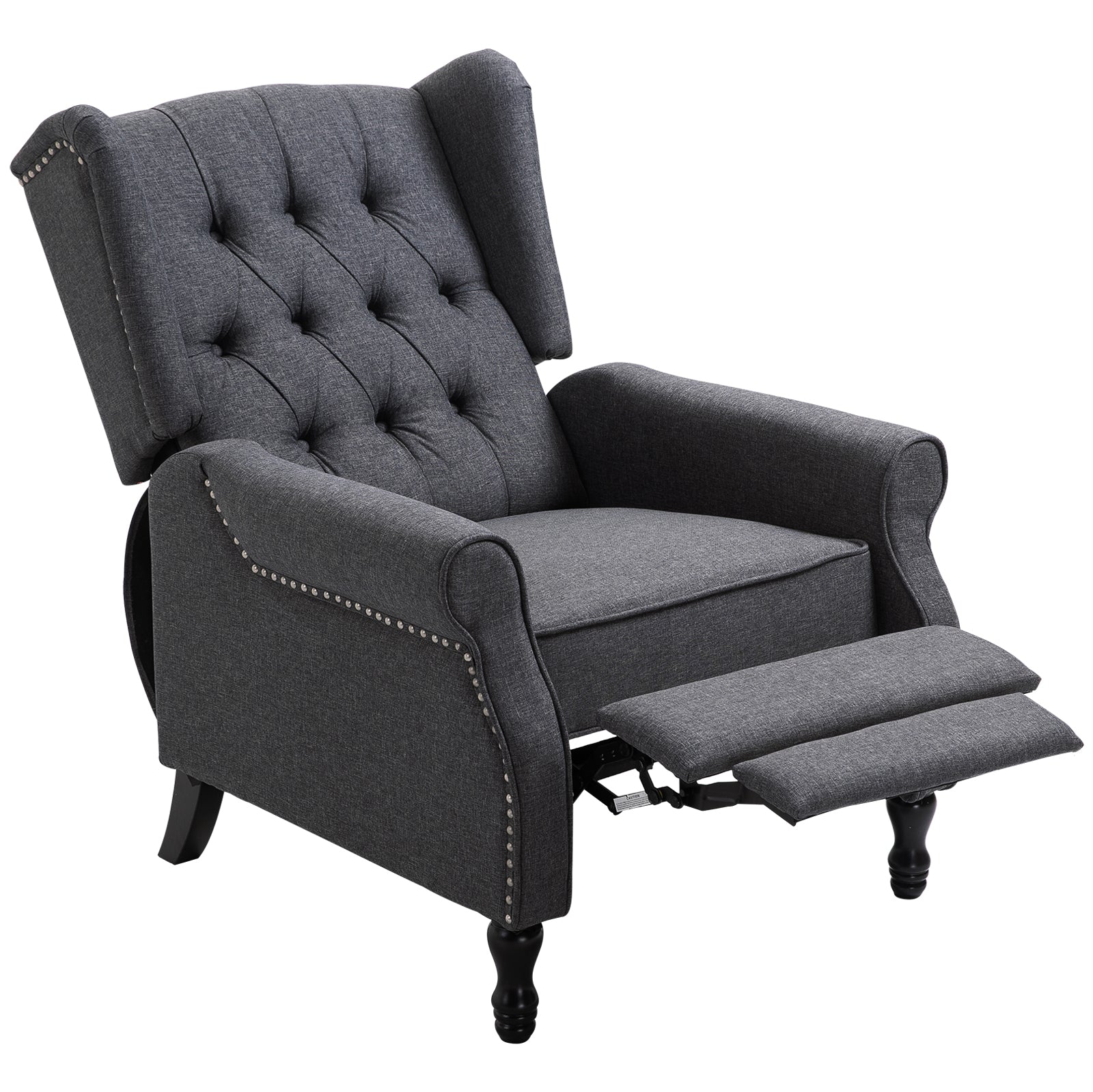 HOMCOM Recliner Armchair, Vintage Reclining Chair with Nail Head Trim, Wingback Chair with Button Tufted Back and Footrest, for Living Room, Dark Grey - North Peak Garden Furniture