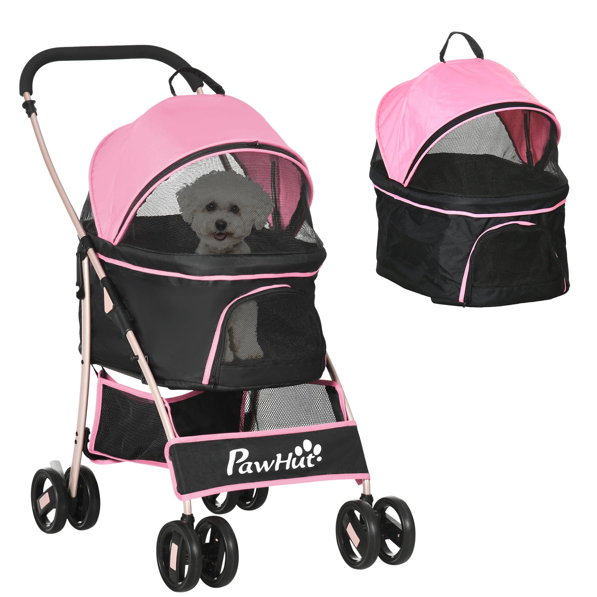 PawHut 3 In 1 Detachable Pet Stroller, for Extra Small and Small Dogs - Pink - North Peak Garden Furniture