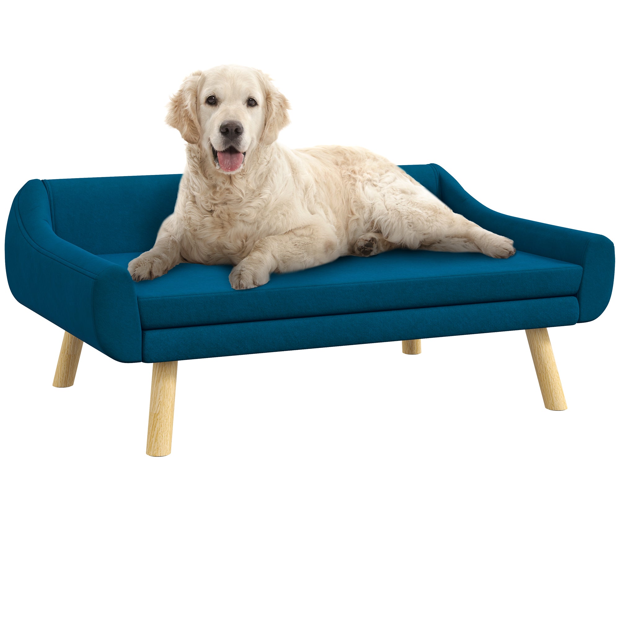 PawHut Dog Couch with Soft Cushion, Pet Sofa Bed with Wooden Frame, Removable Cover, for Medium and Large Dogs, Blue - North Peak Garden Furniture
