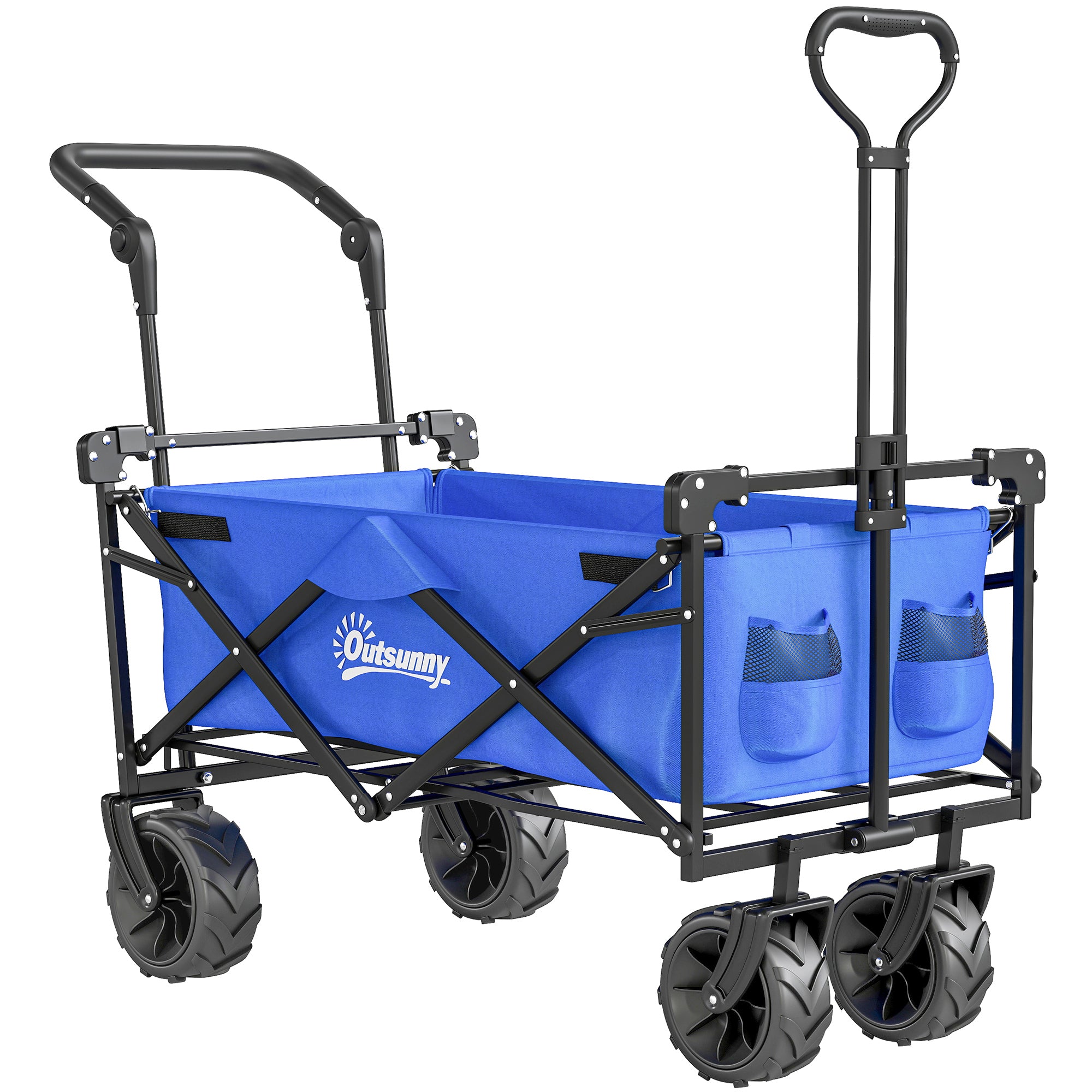 Outsunny Folding Trolley Cart Storage Wagon Beach Trailer 4 Wheels with Handle Overhead Canopy Cart Push Pull for Camping, Blue - North Peak Garden Furniture
