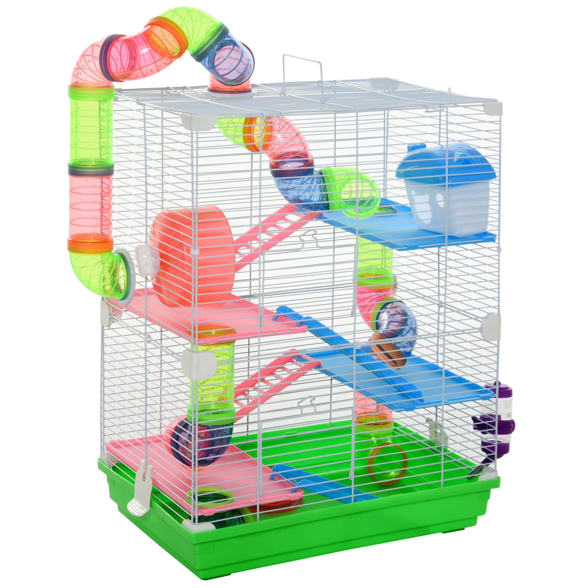 Pawhut 5 Tier Hamster Cage Carrier Habitat Small Animal House with Exercise Wheels Tunnel Tube Water Bottle Dishes House Ladder for Dwarf, Green - North Peak Garden Furniture
