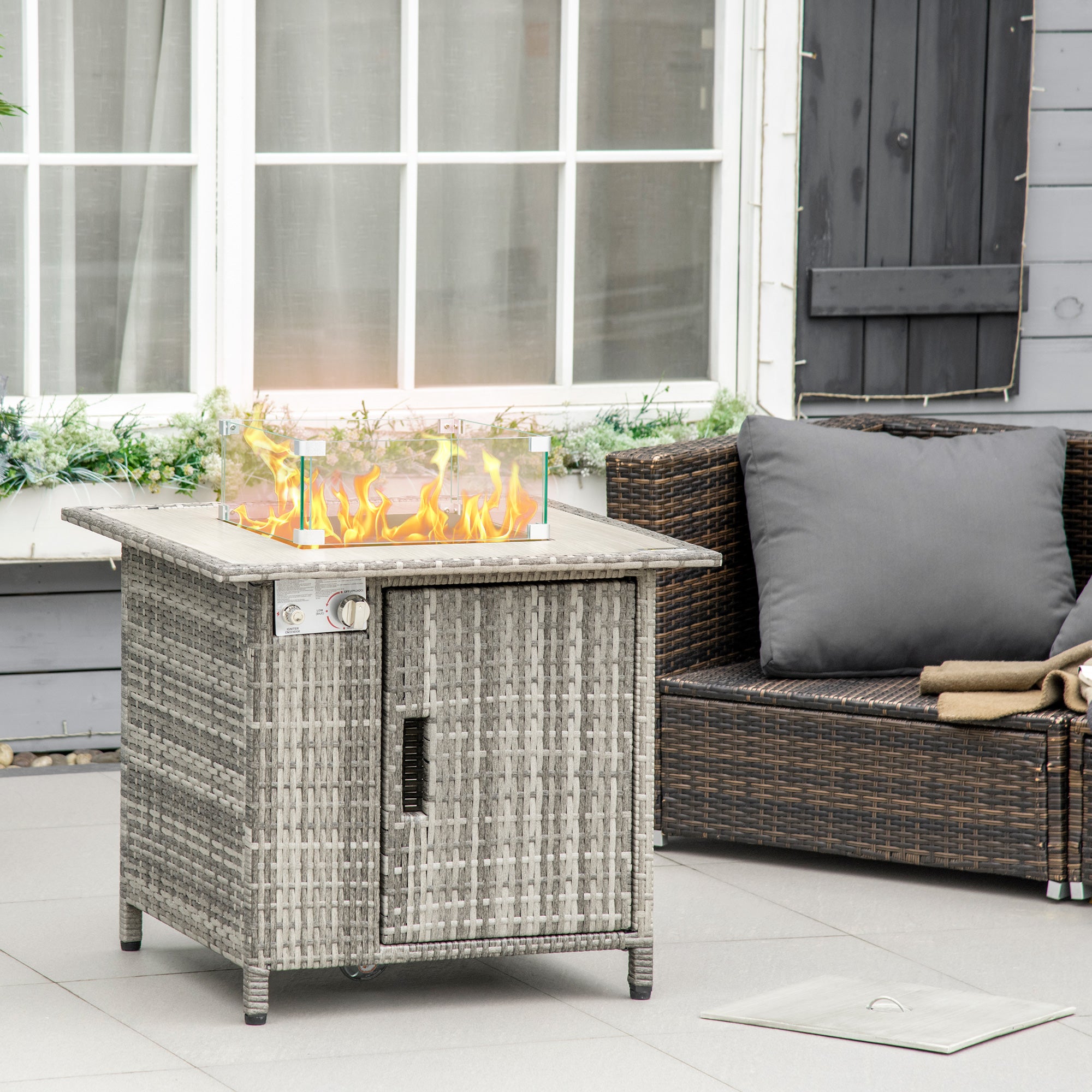 Outsunny Outdoor PE Rattan Gas Fire Pit Table, Patio Square Propane Heater with Rain Cover, Glass Windscreen, and Lava Stone, 50,000 BTU, Grey - North Peak Garden Furniture