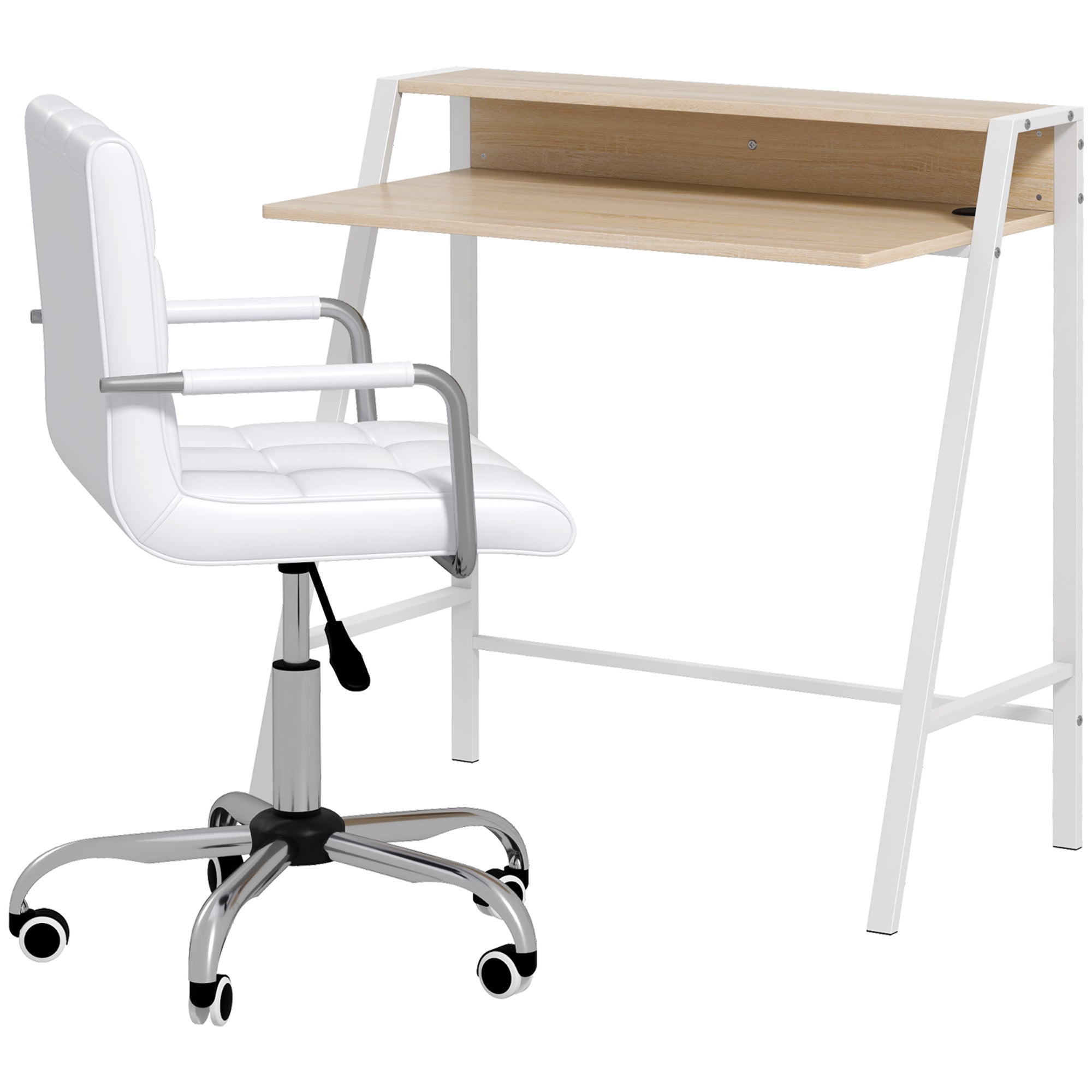HOMCOM Home Office Chair and Computer Desk Set, Faux Leather Desk Chair with Swivel Wheels, Study Desk with Storage Shelf, White - North Peak Garden Furniture