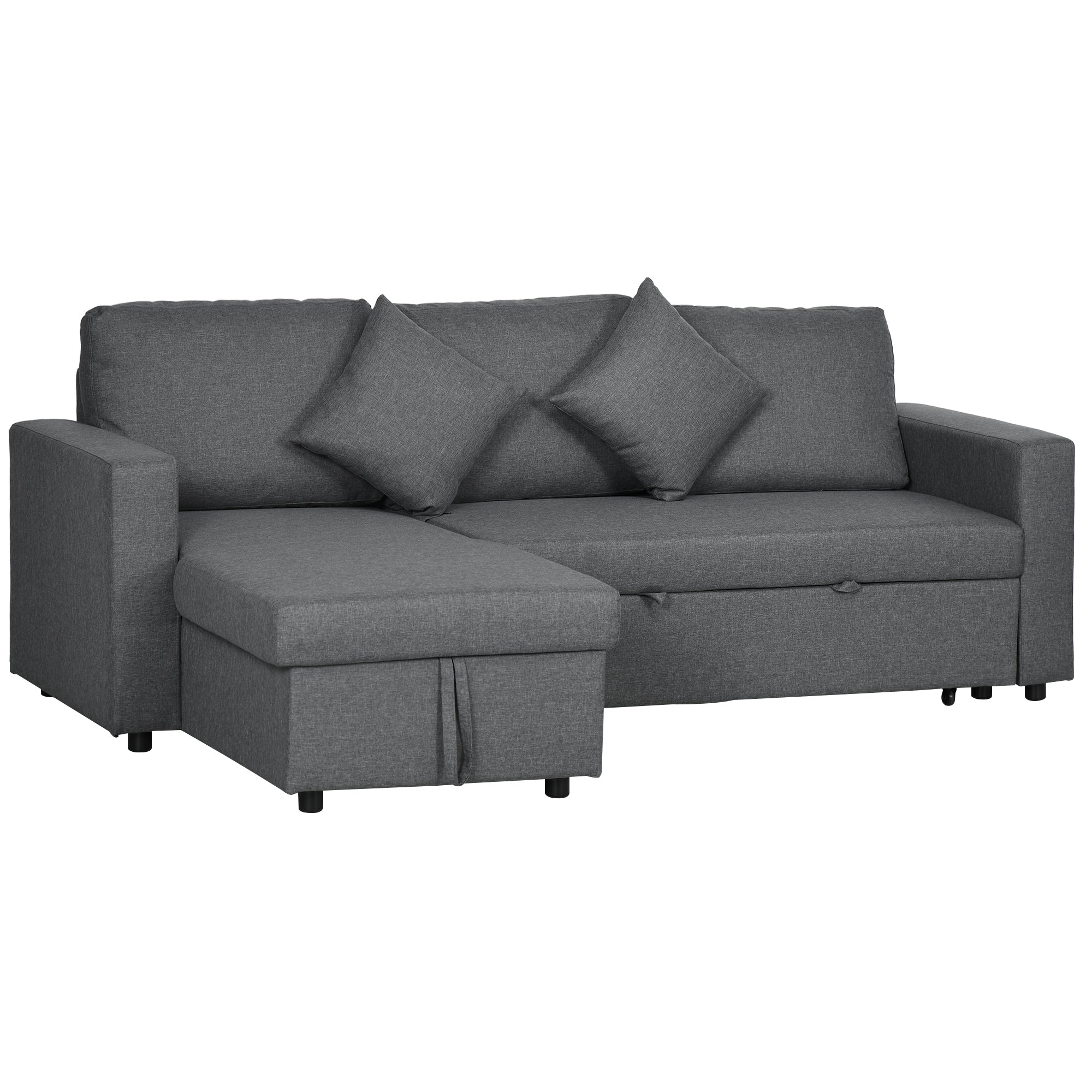 HOMCOM Corner Sofa Bed with Storage, 3 Seater Pull Out Sofa Bed, Convertible L Shape Sofa Couch with Reversible Chaise Lounge for Living Room, Dark Grey - North Peak Garden Furniture